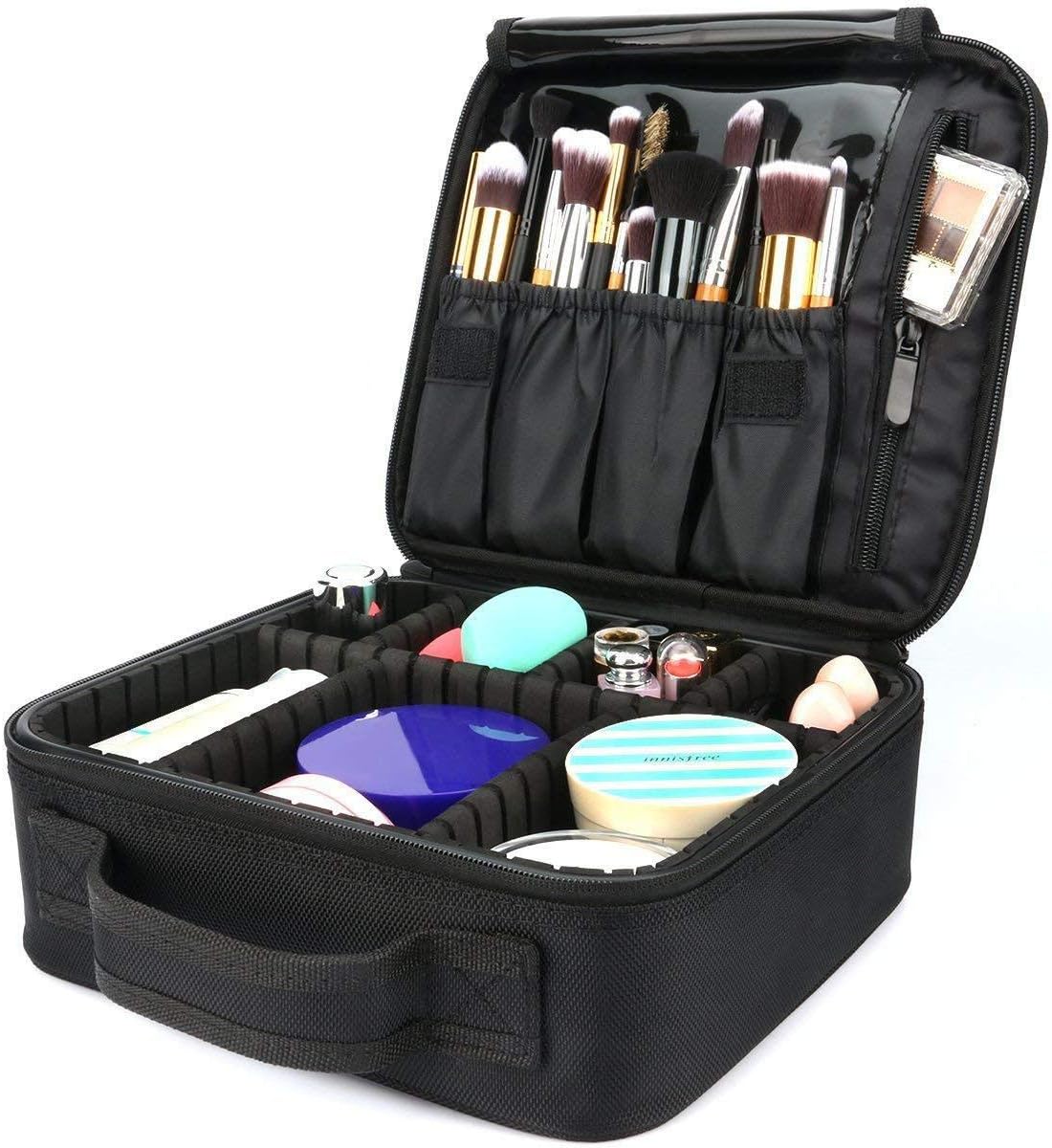 Travel Makeup Bag,Portable Travel Makeup Cosmetic Case Organizer Artist Storage Bag with Adjustable Dividers for Cosmetics Makeup Brushes Toiletry Jewelry Digital Accessories, Black, BK14-WAA-2