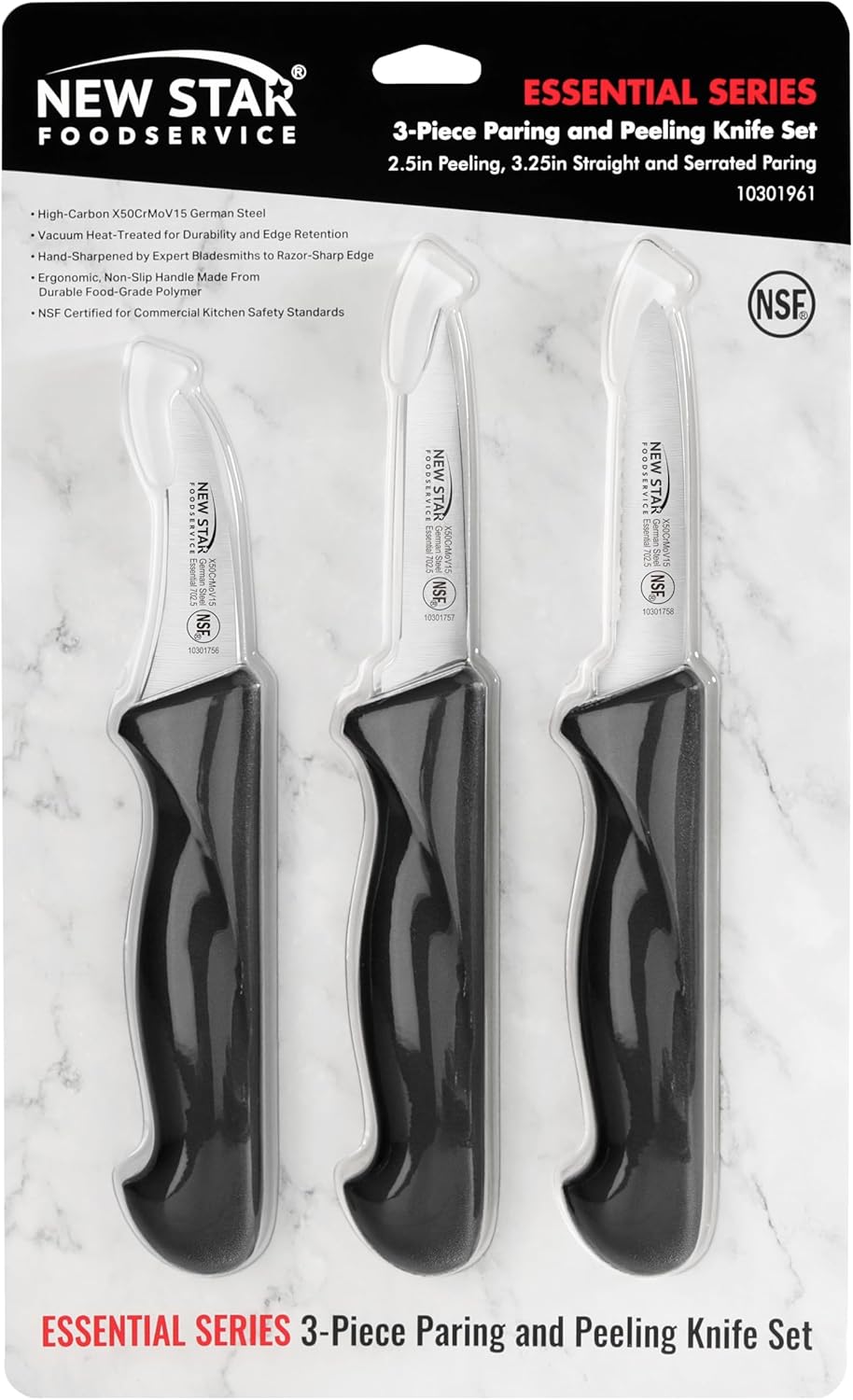 New Star Foodservice Essential 3-Piece Paring Knife Set, 2.75" Peeling Knife + 3.25" Serrated & Straight Paring Knives, German X50CrMoV15 Steel