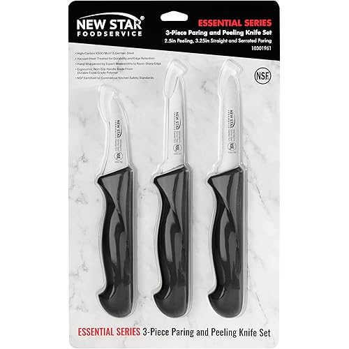 New Star Foodservice Essential 3-Piece Paring Knife Set, 2.75" Peeling Knife + 3.25" Serrated & Straight Paring Knives, German X50CrMoV15 Steel