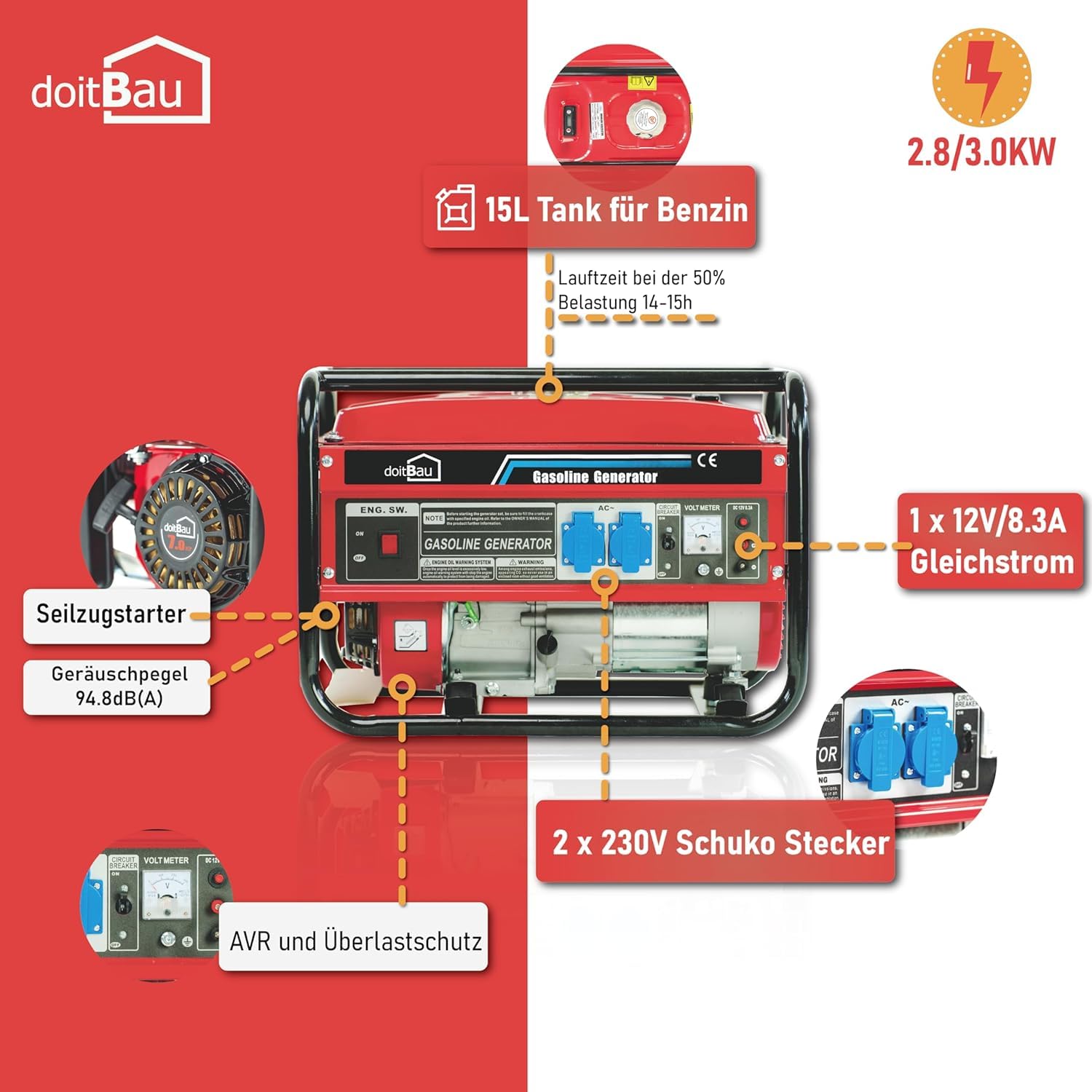 Générateur d'énergie à essence | Générateur d'énergie avec accessoires, groupe électrogène de secours silencieux | (2 prises (6000W BS3500)))