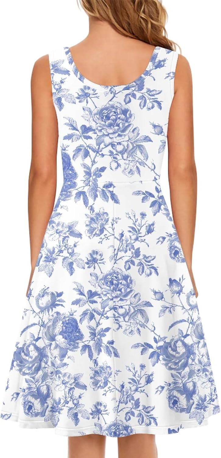 KiuLoam Womens Round Neck Tank Dresses Casual A-Line Flowy Midi Dress with Pockets Summer Sleeveless Beach Sundress