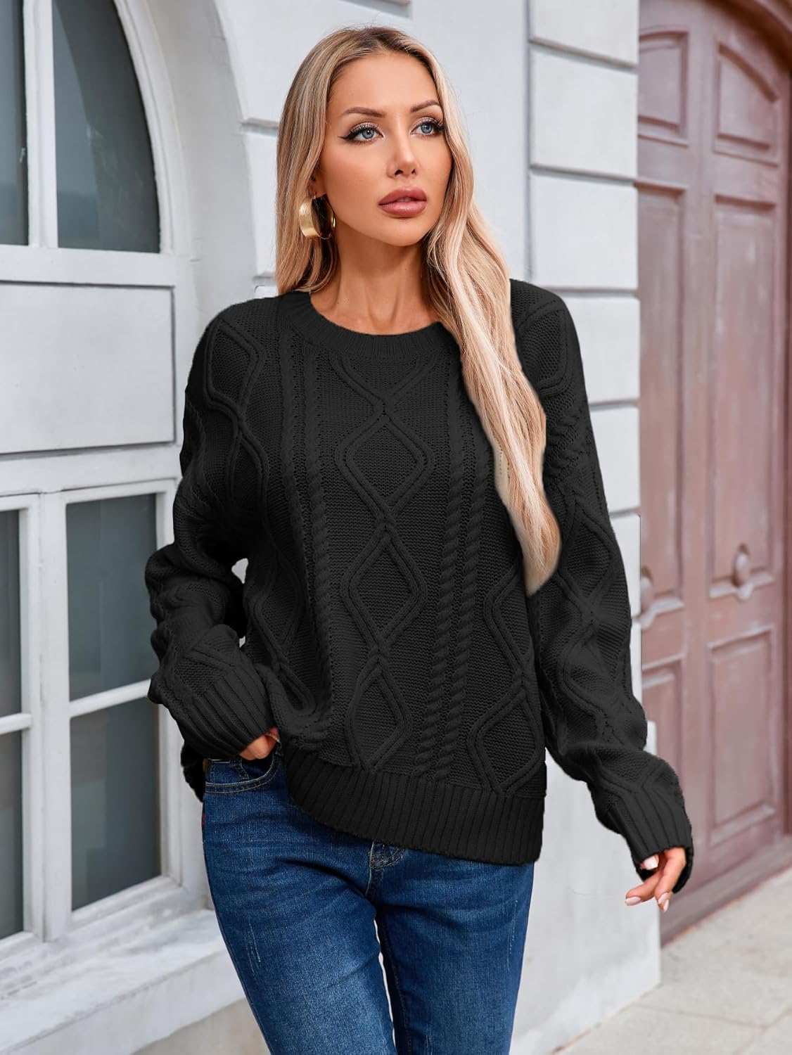 SunnyMelody Womens Oversized Chunky Cable Knit Sweater Fall 2025 Trendy Cute Slouchy Crew Neck Long Sleeve Pullover Tops - Image 5