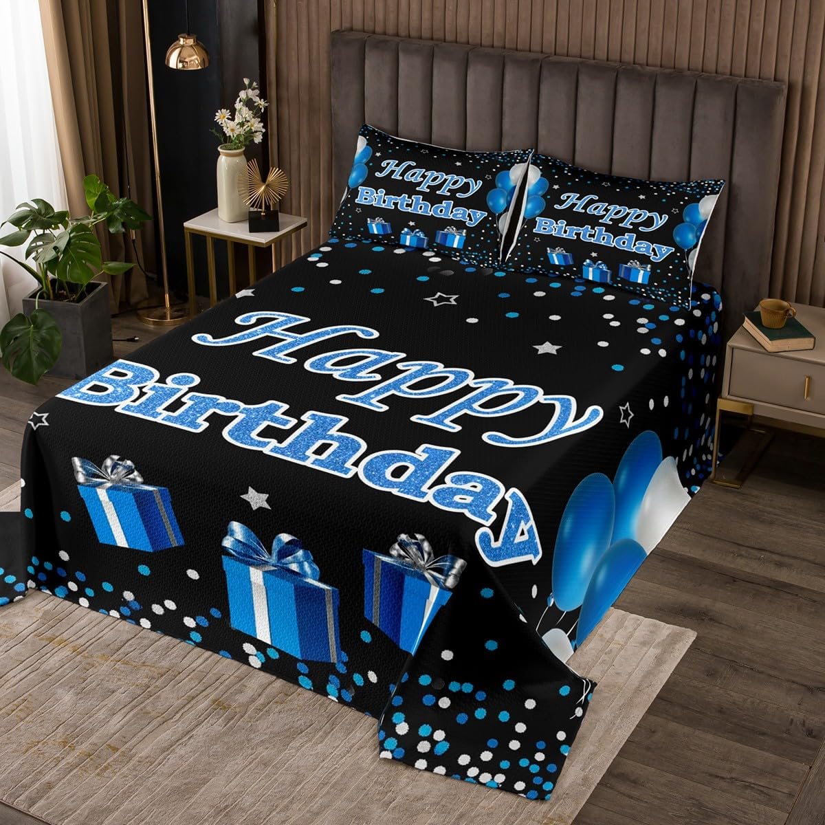 Erosebridal Birthday Decorations for Boys Coverlet Set King, Happy Birthday Theme Quilt Set Blue Birthday Decorations for Men Bedspread Set Blue and Silver Party Decorations Bedding Set 3Pcs