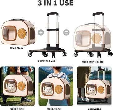 PETCUTE Cat Carrier Backpack with Wheels,Puppy Carrying Bag with Breathable Mesh,Collapsible Pet Carriers on Rolling Trolley with Removable Base and Telescopic Handle,for Travel, Hiking, Camping