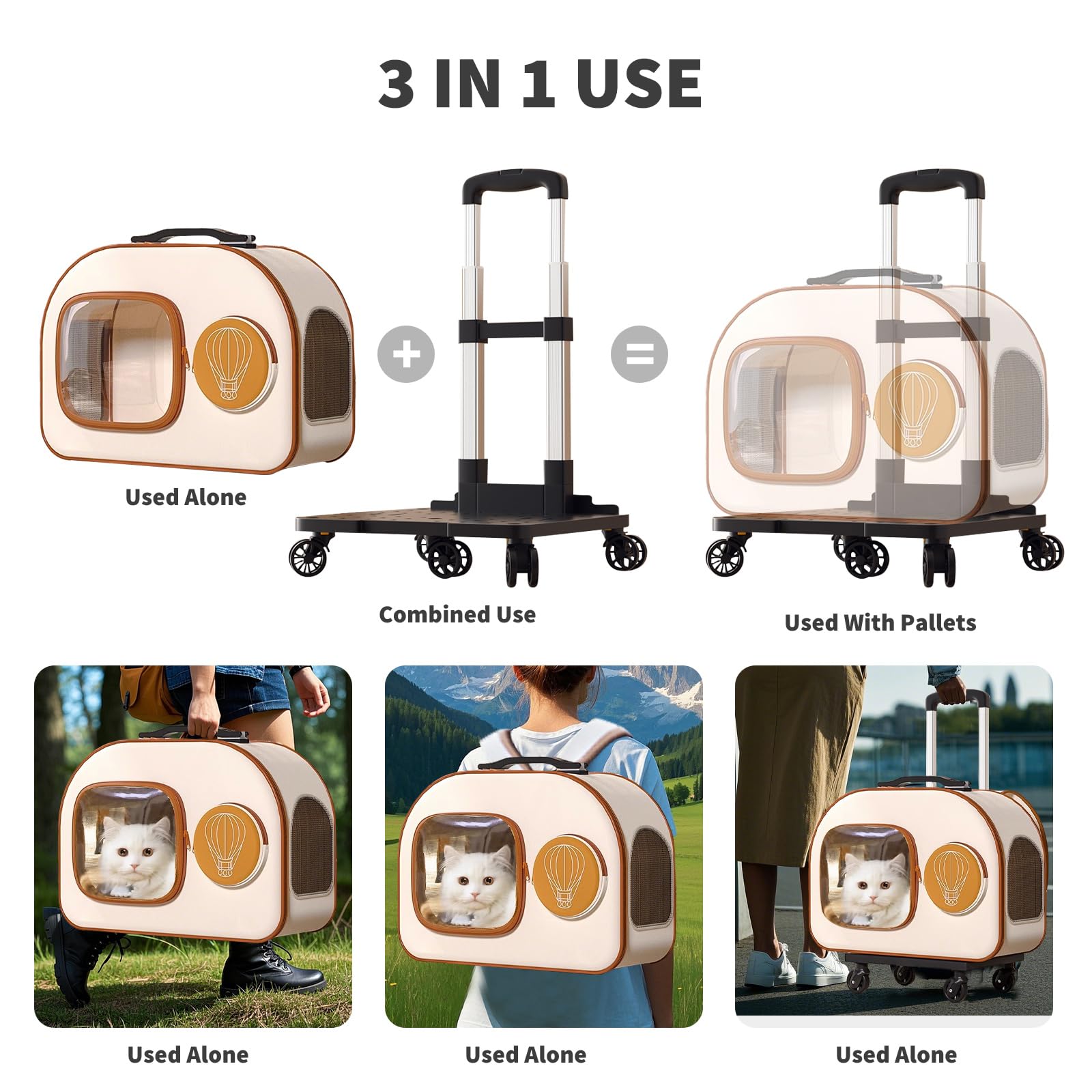 PETCUTE Zaino per Cani con Trolley,Zaino Trolley per Cani Gatti con Manico Telescopico e Base Rimovibile,Portatile Traspirante, Trasportino Gatto con Ruote,per Viaggi Lunghi Corti Fino 6 KG