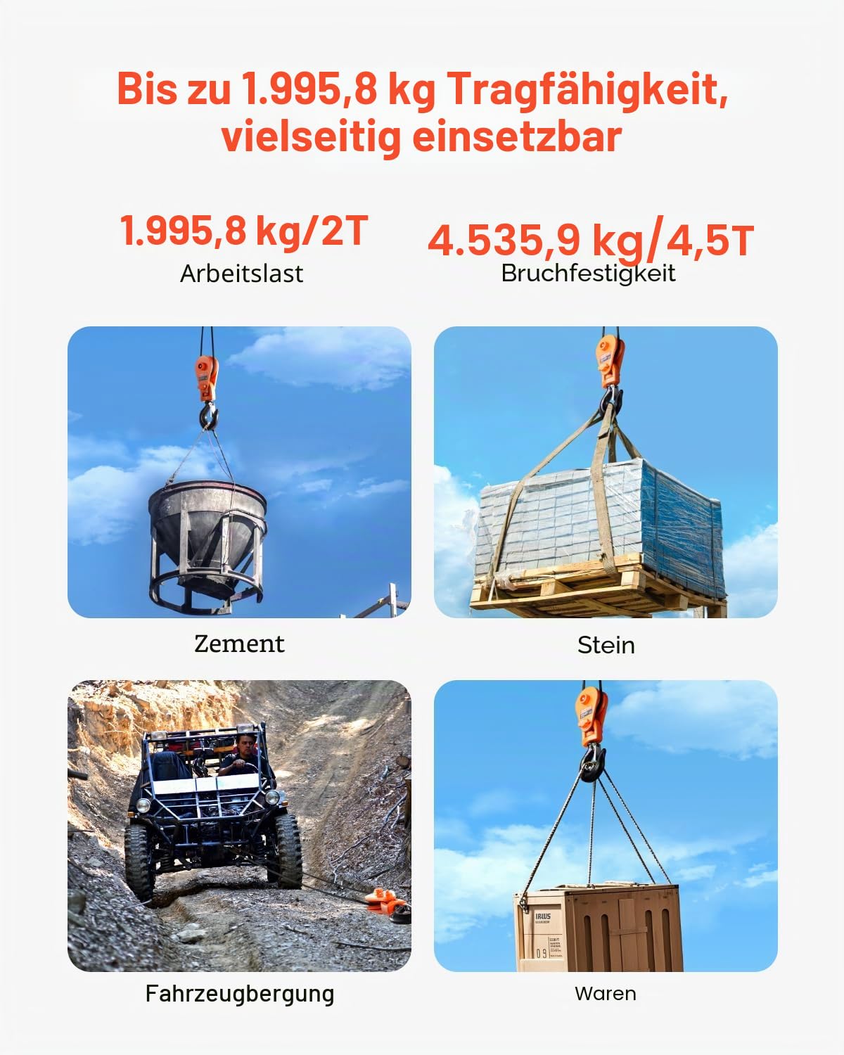 VEVOR 2 T Umlenkrolle mit Wirbelhaken, Forstseilwinde, 3/8 Zoll Drahtseil, Hochleistungs-Seilzug, Flaschenzug für Abschlepp- und Bergungsvorgänge an Abschleppwagen, Autotransportwinden