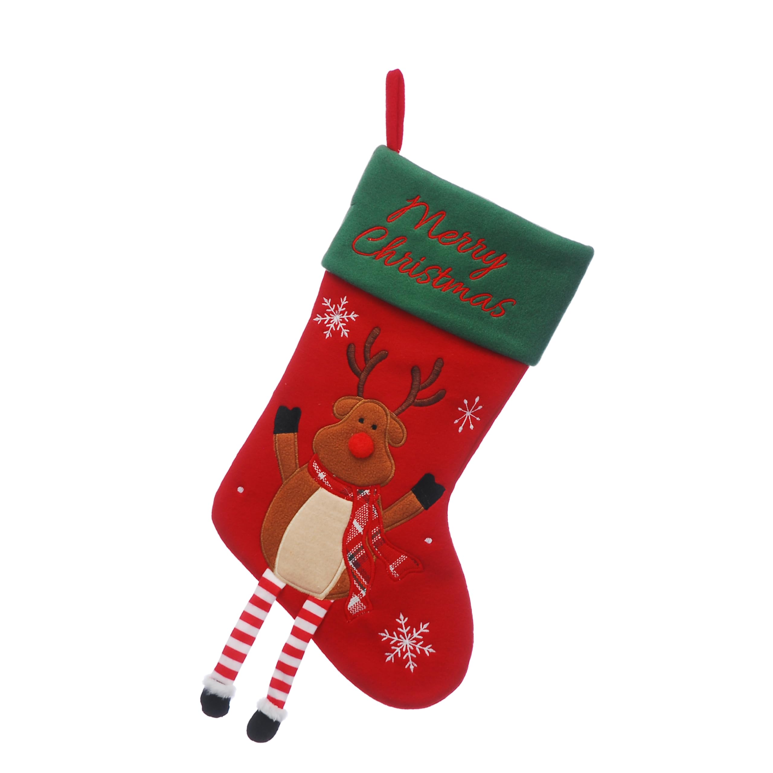 Festive Productions Red 40Cm Christmas Stocking – Fleece Reindeer Design With Dangly Legs – Merry Christmas Cuff – Hanging Festive Decoration