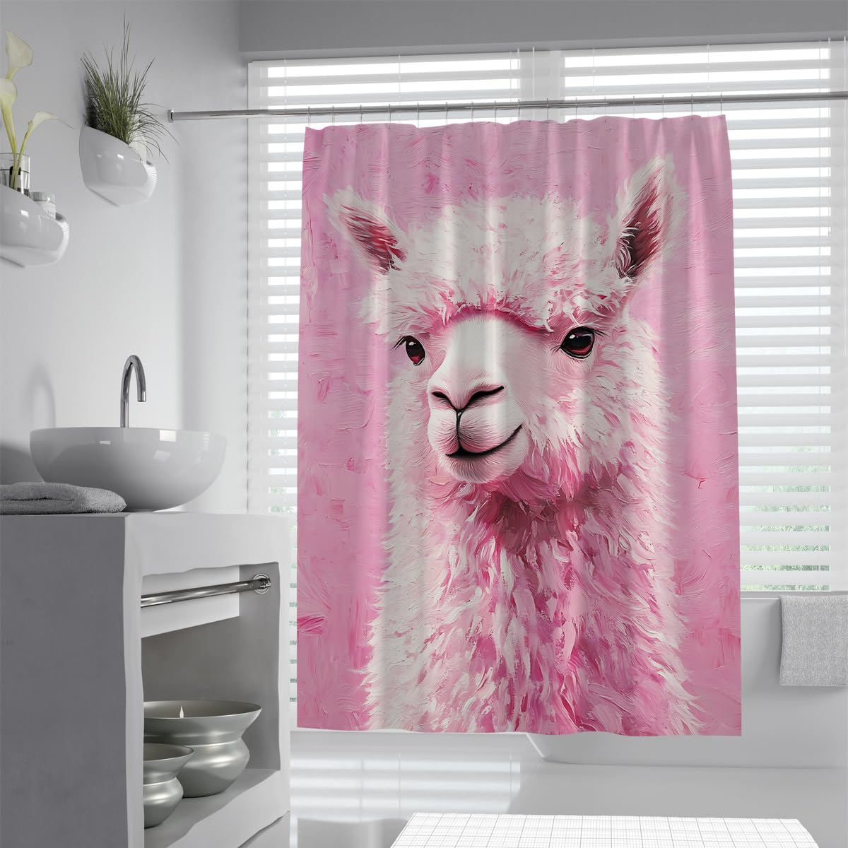 UIRINGART Pink Llama Shower Stall Liners W200xL220cm Quick Dry Mildew Resistant Cute Alpaca Animal Art Fabric Bath Curtains With Hooks Washable Bathroom Screen