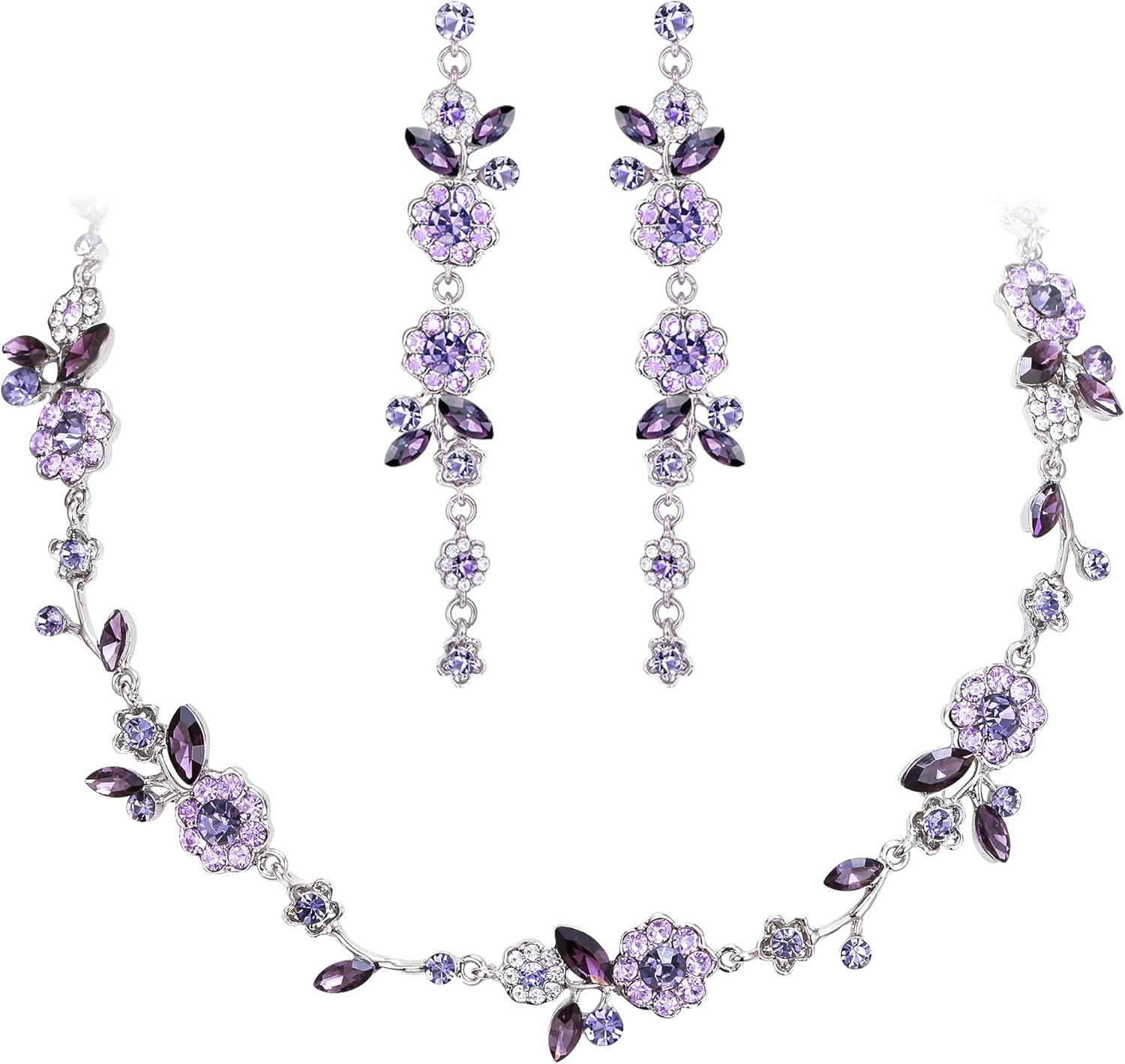 BriLove Flower Jewelry Set for Women,Gorgeous Stunning Crystal Elegant Flowers Marquise Cluster Statement Necklace Long Dangle Drop Earrings Party Prom Accessories
