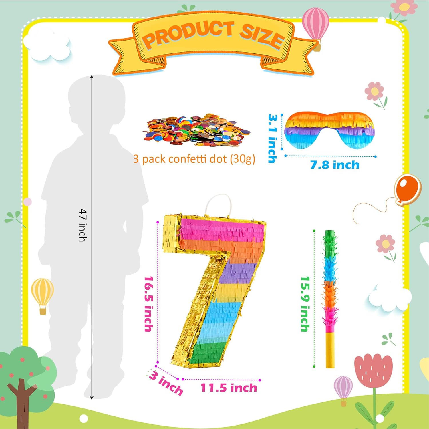 Rainbow Number 7 Pinata for 7th Birthday Party Decorations, Fiesta, Kids Anniversary Celebration, Birthday Pinata with Stick, Blindfold and Confetti (Small, 16.5 x 11.5 x 3 In)
