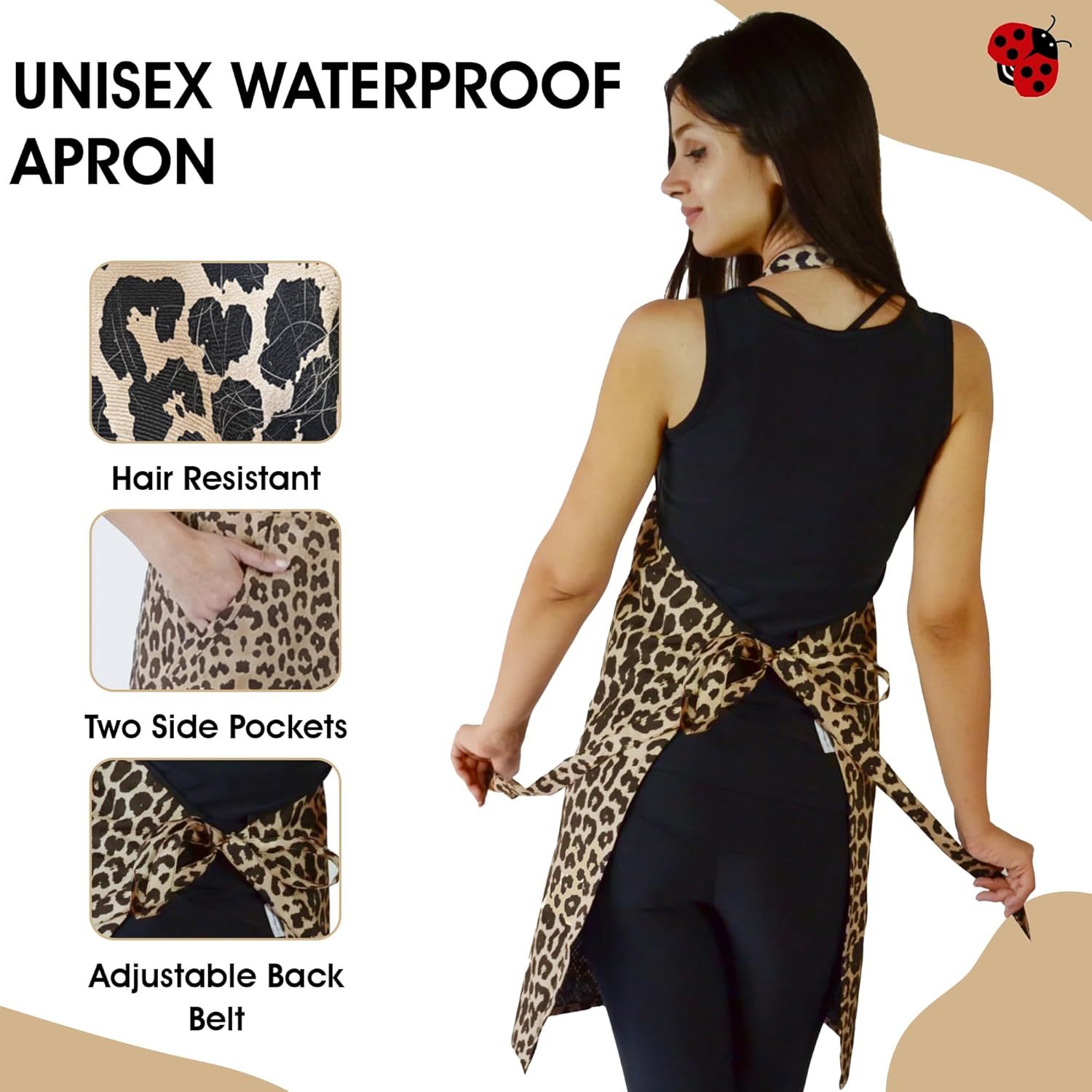 Ladybird Line 602 Unisex Leopard Print Waterproof Apron, Hair Bleach Resistant, Adjustable Neck Band, Breathable Mesh Lining