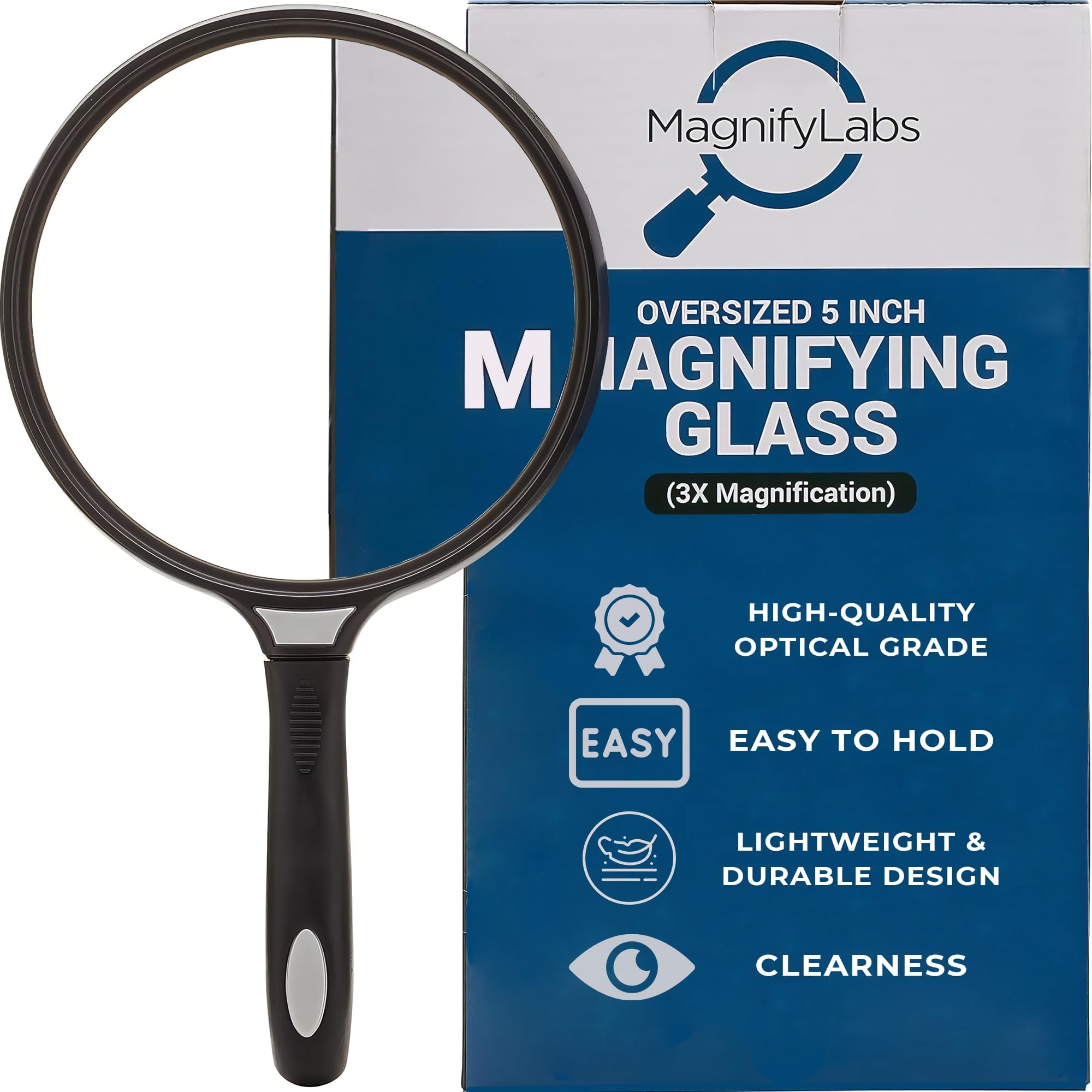 Jumbo 3X Handheld Magnifying Glass - Large 5 Inch Lens - Easy Grip Ergonomic Handle