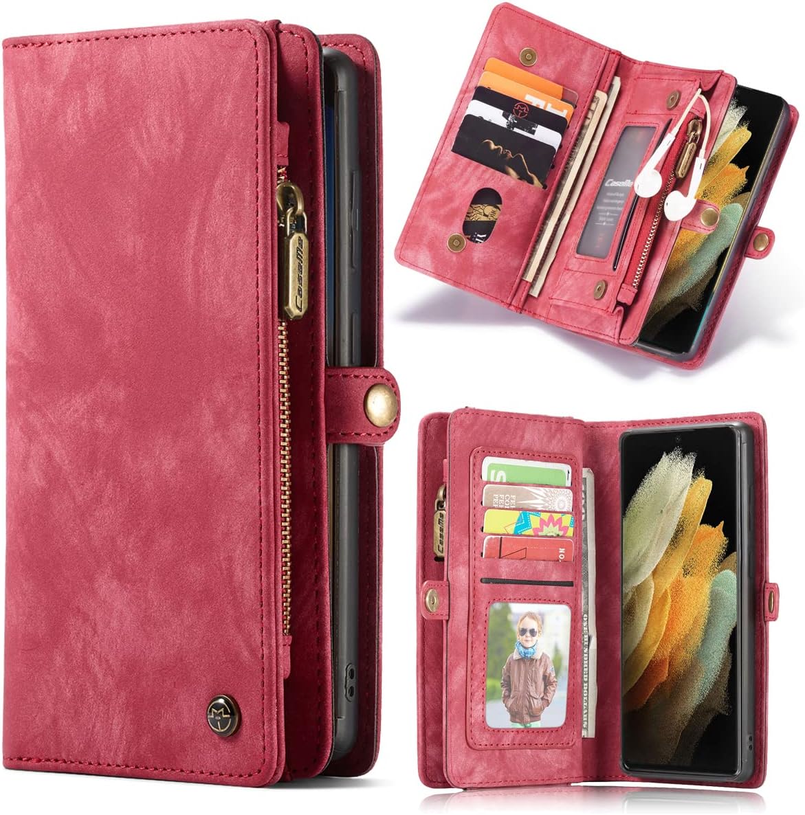 JGY Samsung S23 Leather Wallet case,Samsung S23 Detachable Magnetic case with Zipper Pocket Card Holder S23 Full Cover Shockproof Detachable Wallet case for Women Men (Red)