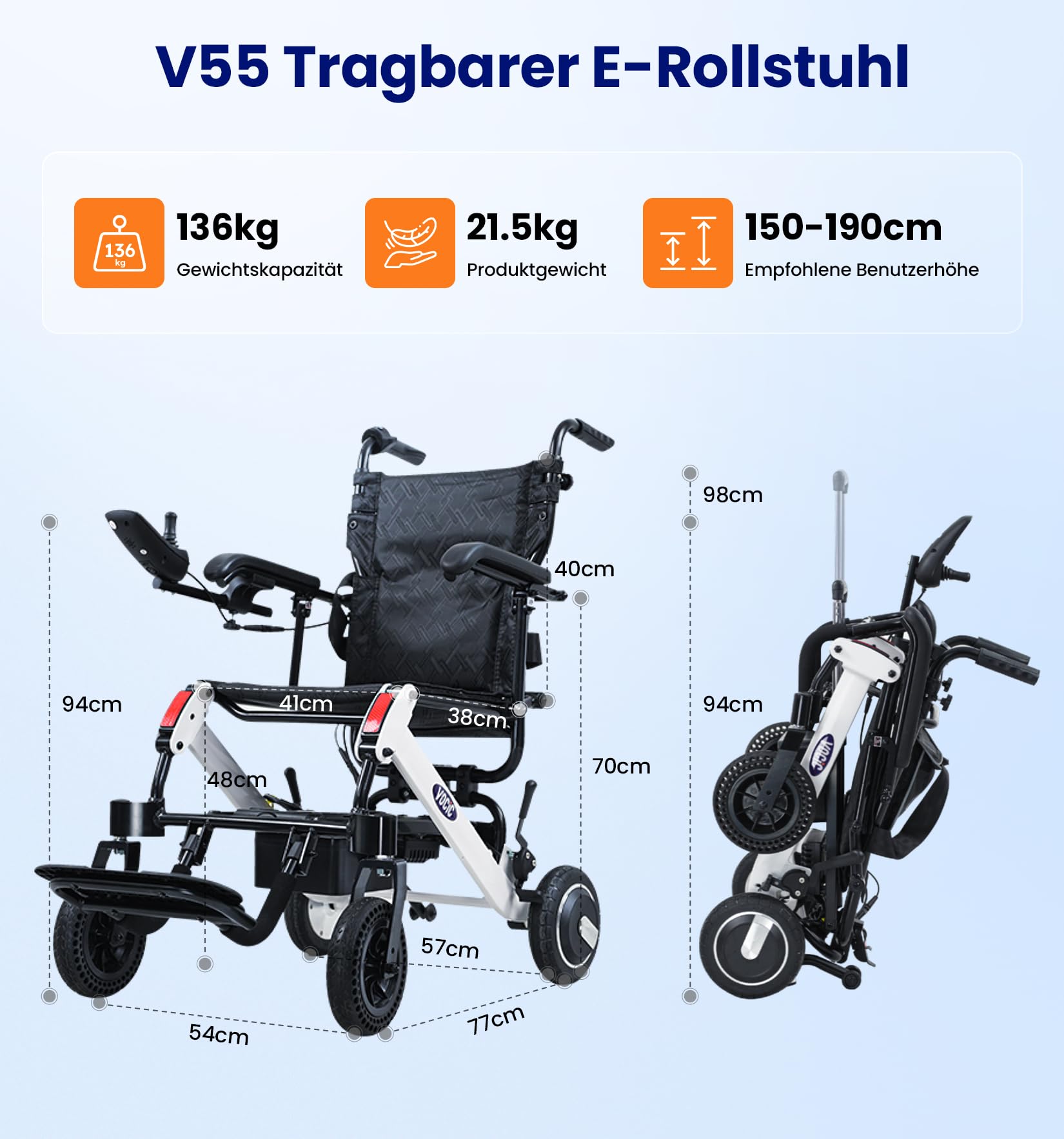 VOCIC Sedia a rotelle elettrica pieghevole leggera con controllo posteriore | Carrozzina elettrica fino a 136 kg, per tutti i terreni, 500W Electric wheelchair con Bluetooth, approvazione aereo