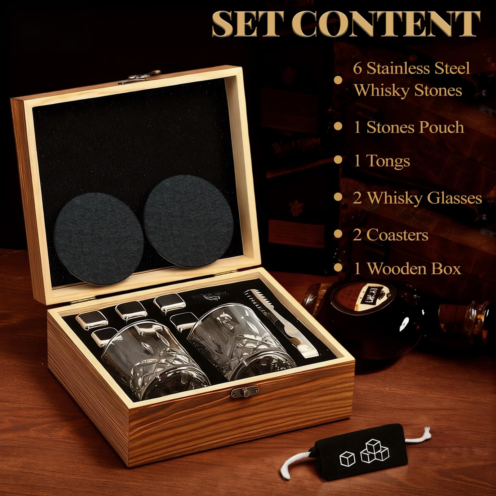 Whiskey Steine Geschenkset mit 6 wiederverwendbaren Kühlsteinen 2 Gläsern und handgefertigter Holzkiste Ideal für Männer Väter Ehemänner Geburtstagsfeier und Liebhaber