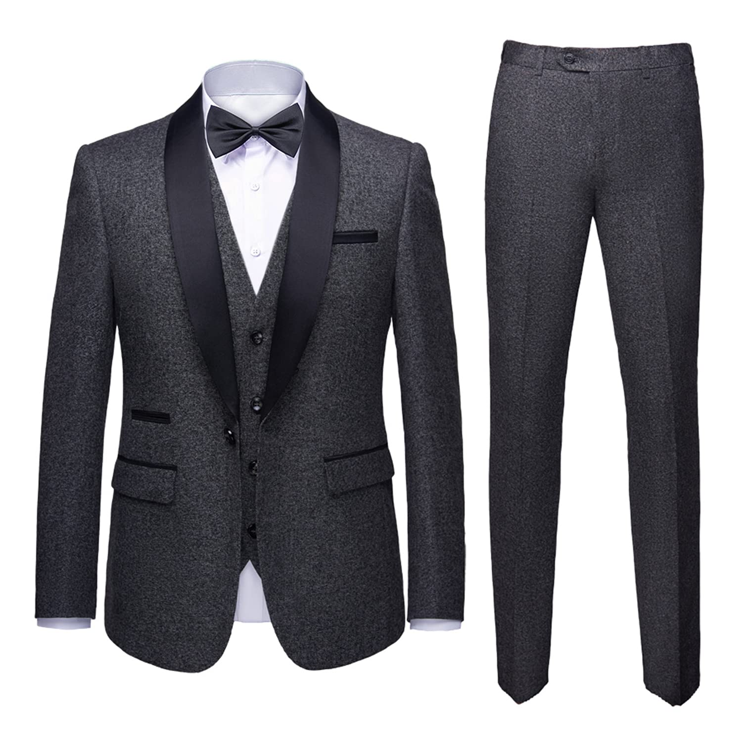 MY'SMens 3-Piece Suit Shawl Lapel One Button Tuxedo Slim Fit Premium Dinner Jacket Vest Pants & Tie Set