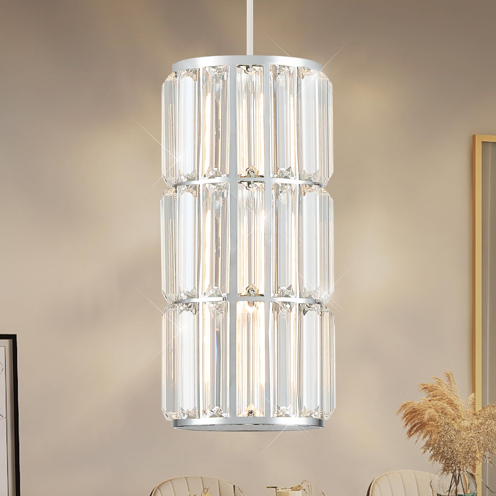 MERINEA Chrome Crystal Pendant Light for Kitchen Island, Modern Mini Hanging Light Fixture with Adjustable Cord, 1-Light Polished Chrome Pendant