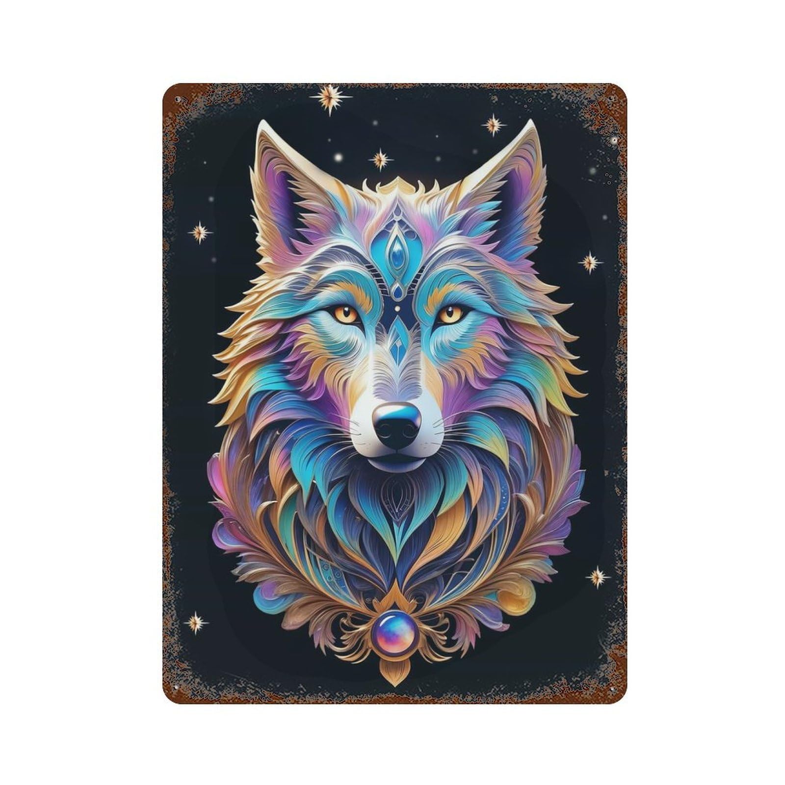 Surreal Galaxy Wolf 15.7"x11.8" Rust Effect Tin Sign, Vintage Wall Decor for Farmhouse, Kitchen And Entryway Decor