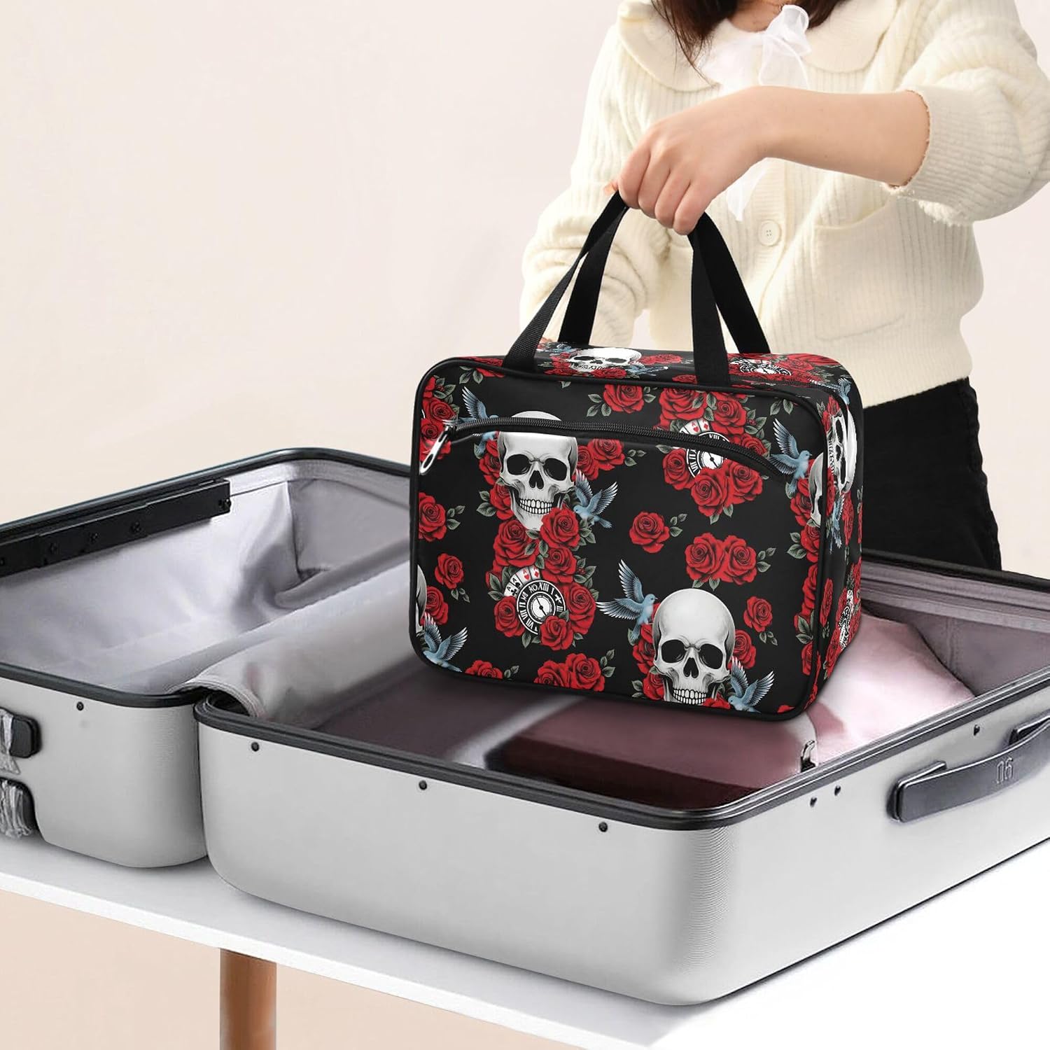 MNSRUU Hanging Toiletry Bags for Women Travel, Gothic Skull Rose Clock Pigeon Toiletry Organizer Portable Travel Toiletry Bags Clear Wash Bags Makeup Bag Cosmetic Bag