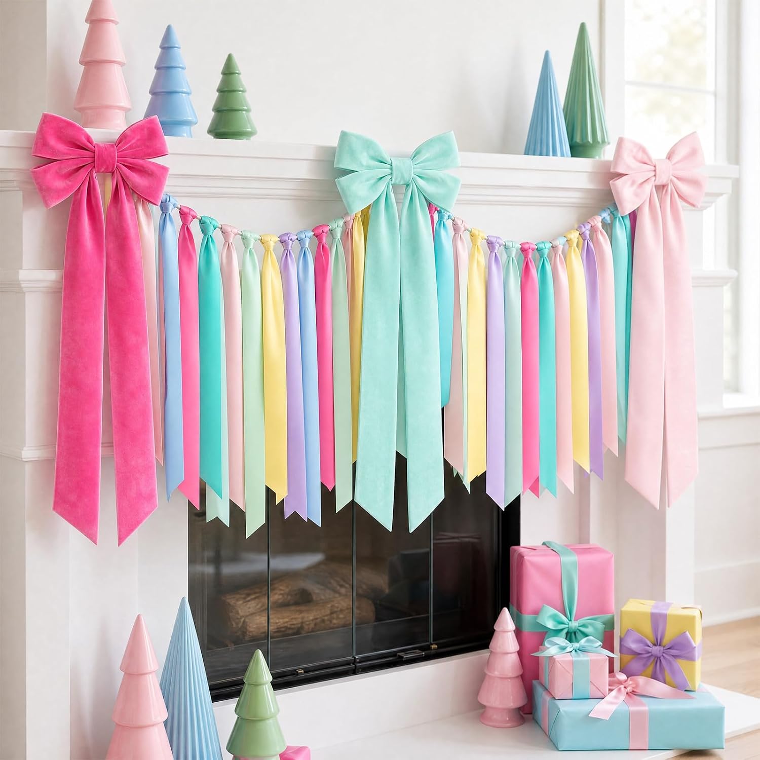 Fanfanwin 8.2 ft Fall Tassel Garland Banner Decor 3 Velvet Bows Mantel