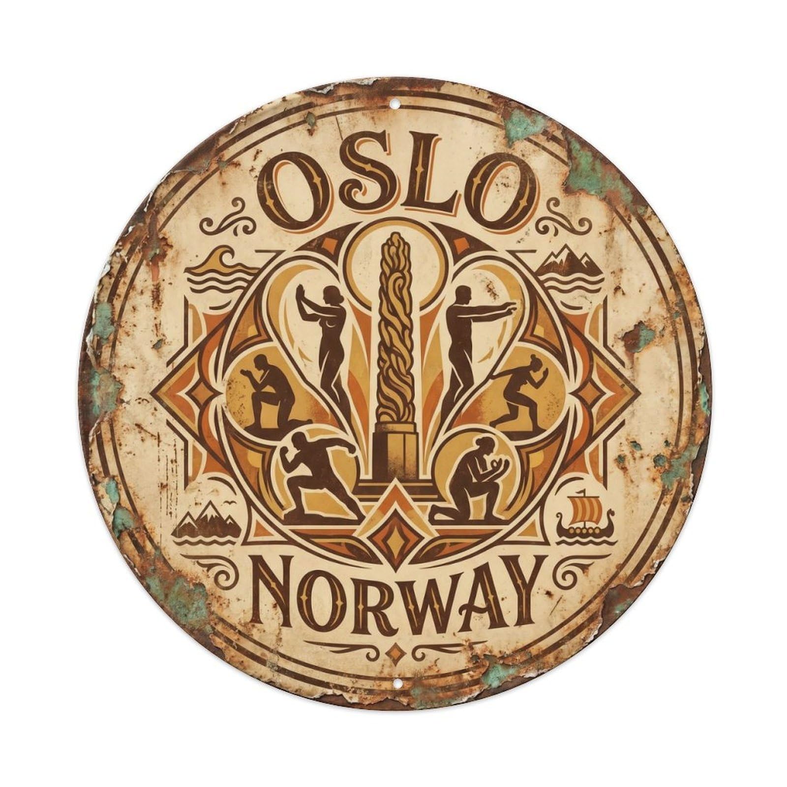Cmhok Vintage Style-28 Vintage Travel Oslo Norway Artwork Metal Tin Sign Plaque Wall Decor For Cafe, Club, Garden Round Metal Poster 8X8inch