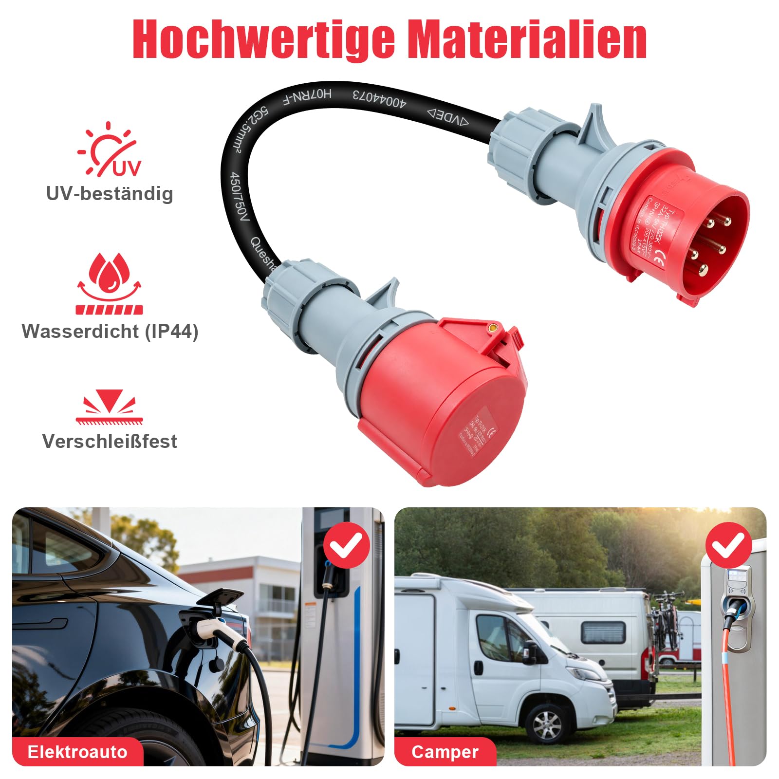 Adapter 32A a 16A, CEE Adapter 32A Stecker auf 16A Kupplung, Starkstrom Adapter 3 Fases con VED 0,5m, Núcleo de cobre 5x2,5mm², 415V máx, IP44 para industria, hogar y carga de vehículos eléctricos