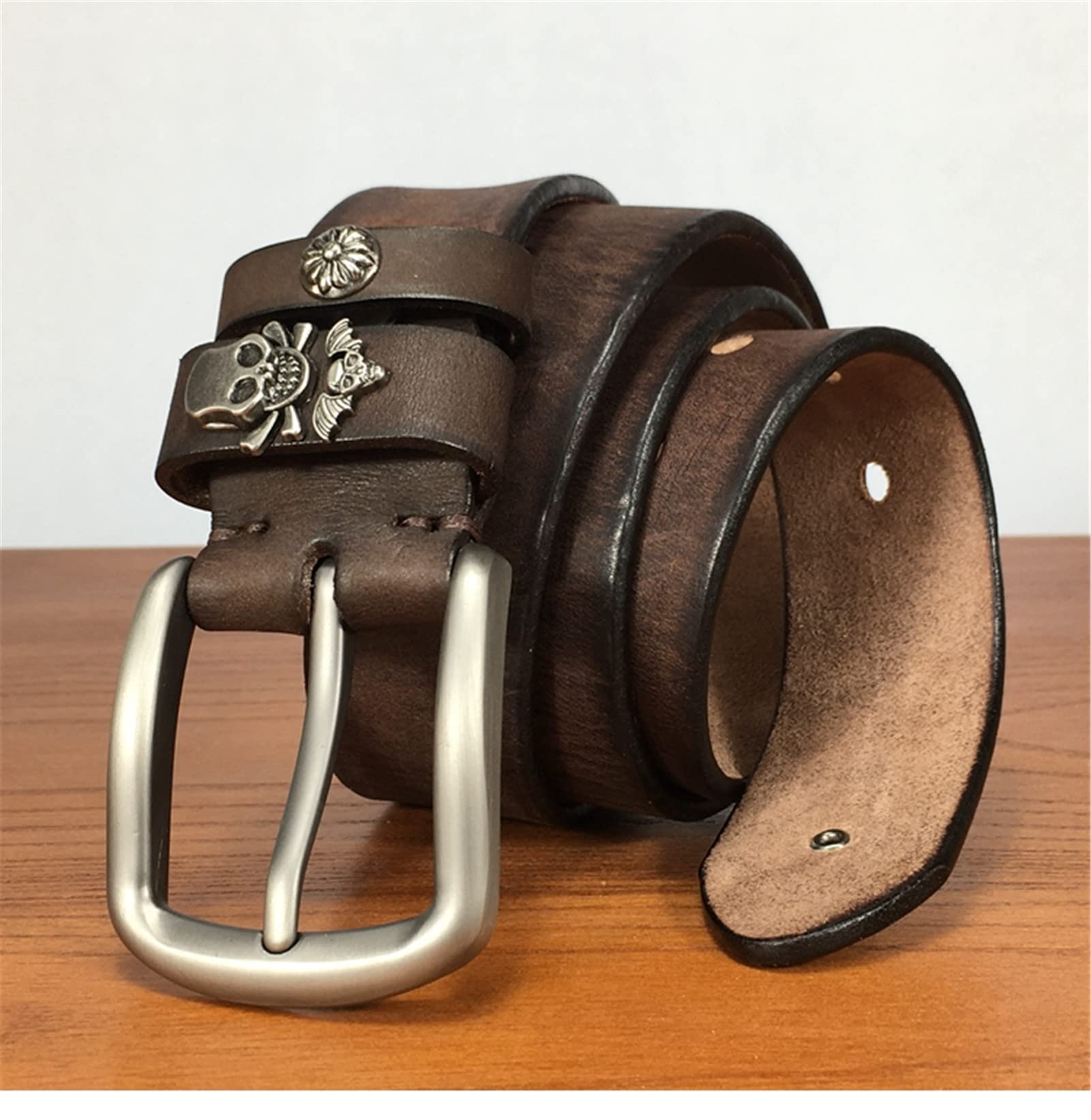 Herrengürtel Handnietengürtel mit Dornschließe Echtes Leder Oberschicht Rindsleder Weich Herren- und Damen Denim Retro,Braun,100cm/39.3''