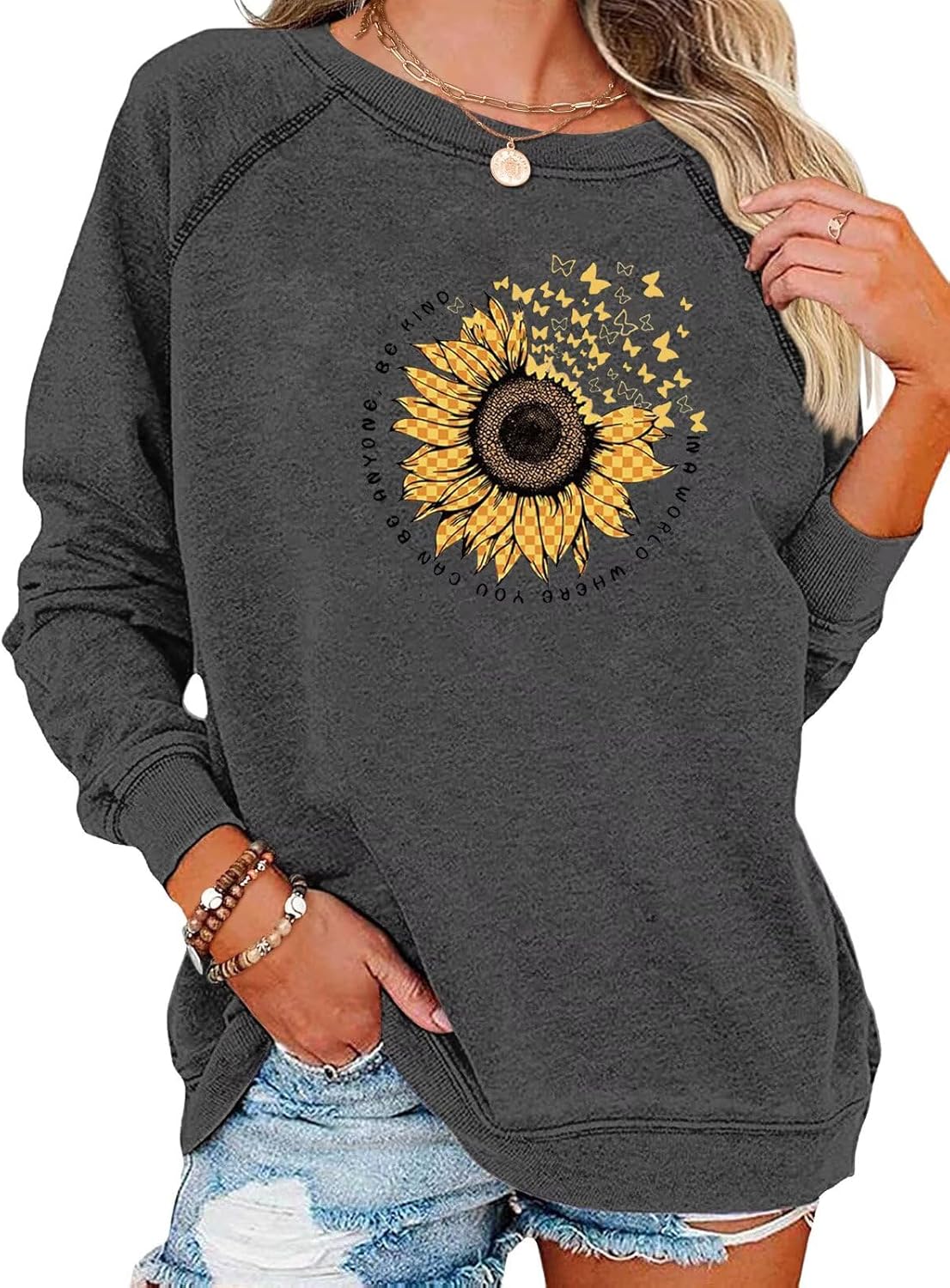 EADINVE "FUN FACT: I don't care Letter Print Women's Crewneck Sweatshirt Raglan Long Sleeve Casual Pullover Tops