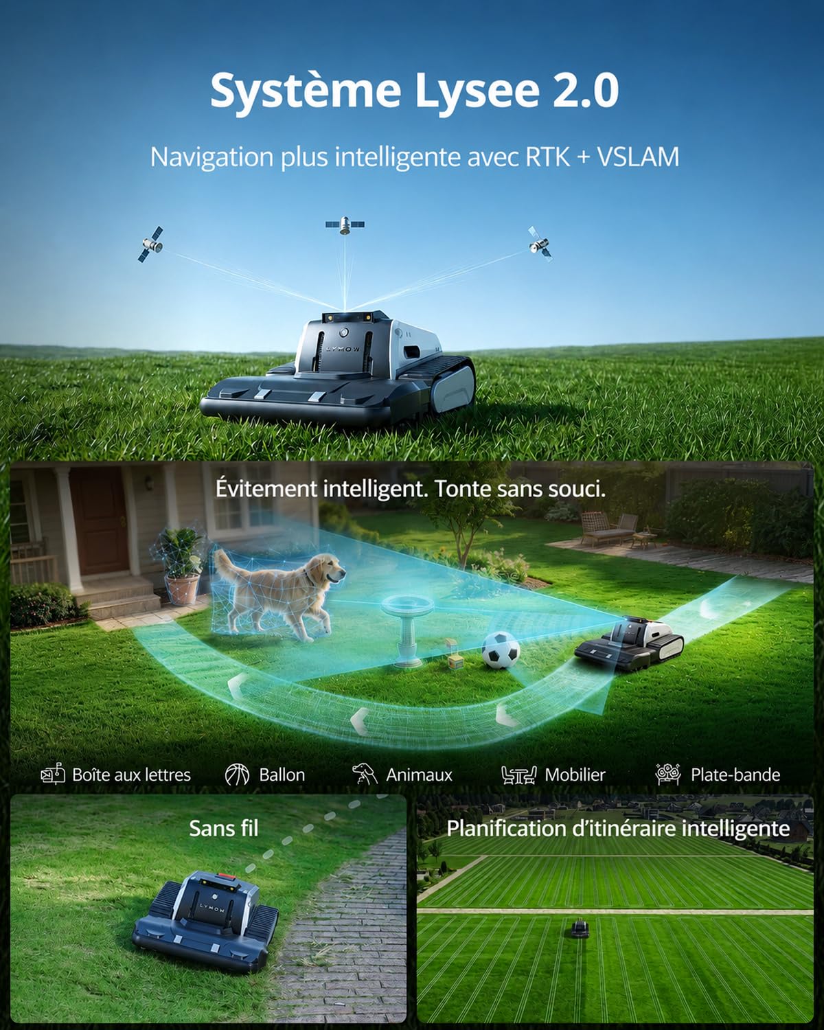 Lymow One Plus Robot Tondeuse Évitement d'obstacles IA, Pentes 45°, Double Lame Rotative SK5, Hauteur de Coupe 30-100 mm, RTK+VSLAM, pour 7000 ㎡, Gestion 80 Zones, App Control