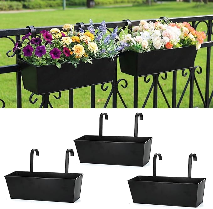 3 Pack Metal Railing Planters, 16 Inch Large Rectangular Hanging