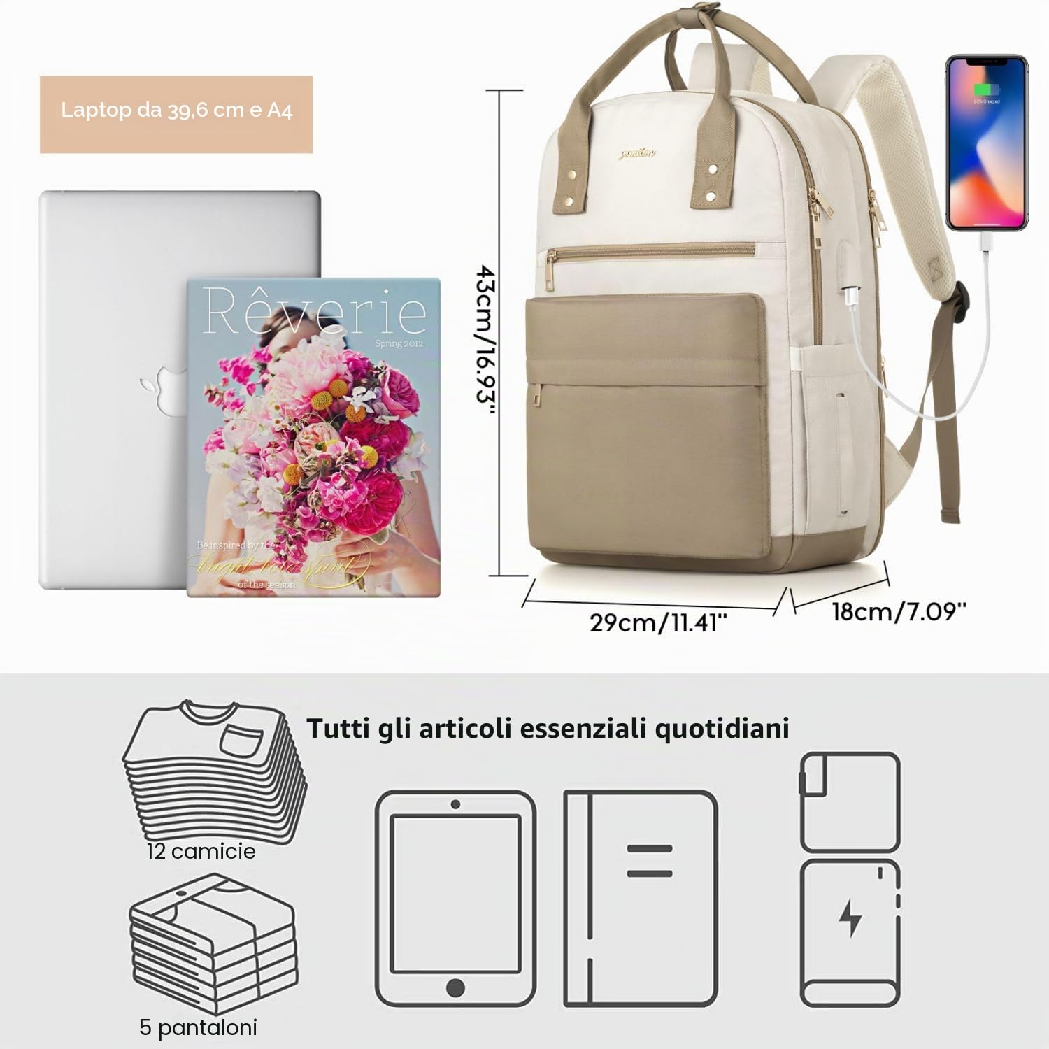 YAMTION Zaino Donna PC 15,6 Pollici,Zaini Ragazza Scuola Superiore e Media con Porta USB e Scomparto per Laptop,Beige