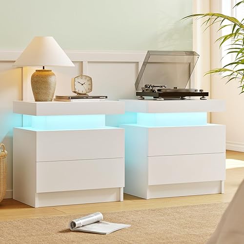 Miniatura 11 de Juego de 2 mesitas de noche LED, juego de 2 mesitas de noche modernas, tiras de luz LED multicolor, cajón deslizante, almacenamiento de gran