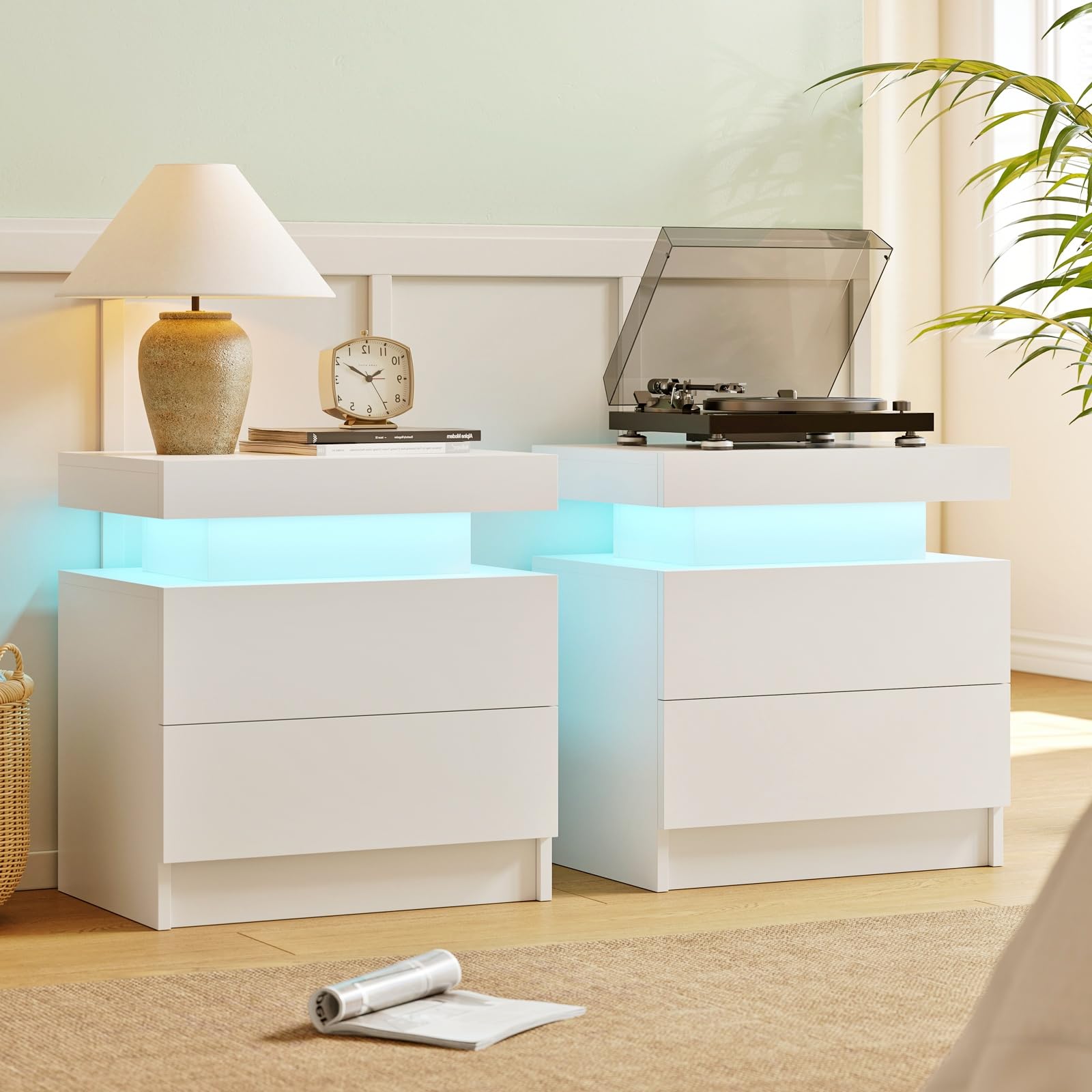 Cubehom Nightstands Set of 2, Bedside Tables with LED Lights, Night Stands with 2 Wood Drawers, End Tables Set of 2 for Living Room/Bedroom