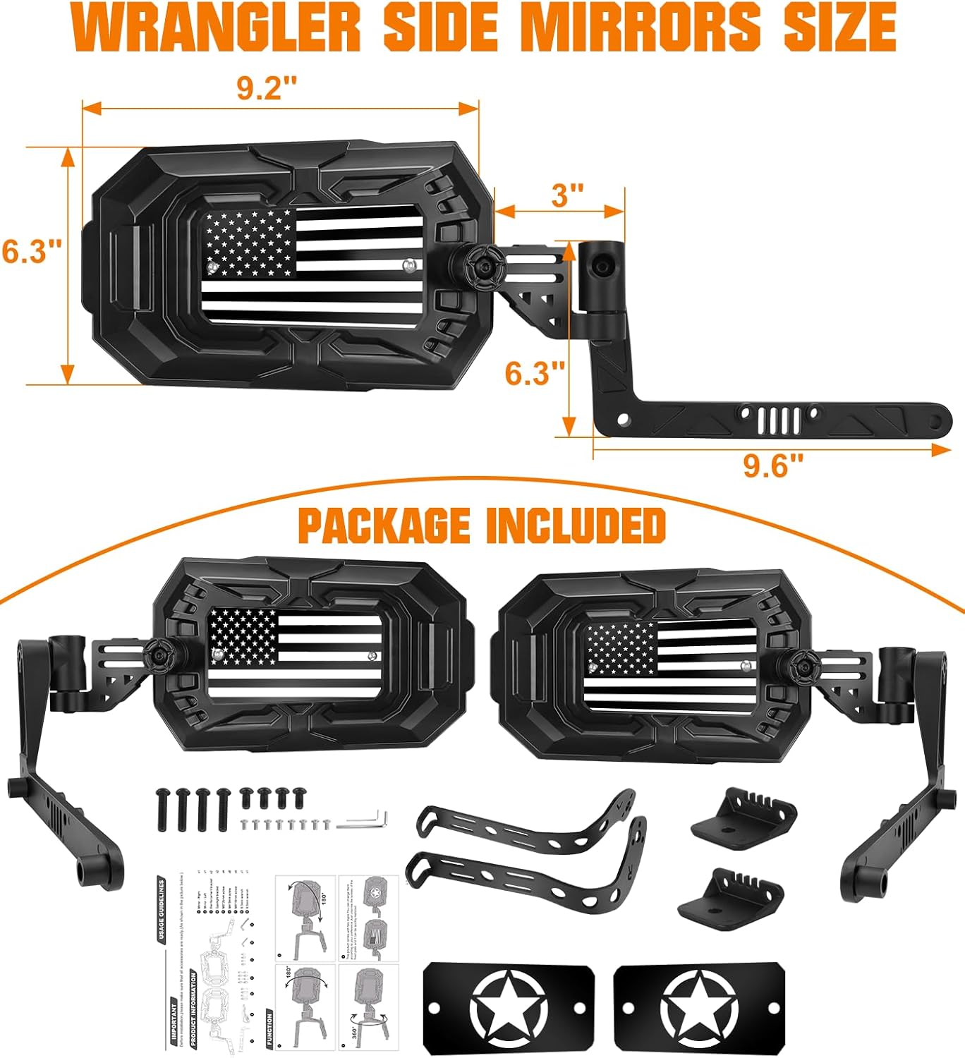 Aluminum Wrangler Mirrors Doors Off for 2018-2025 Jeep Wrangler JL/JLU & Gladiator JT, Wider View Foldable Side Mirror Replacement with Light Bar Bracket, No Vibrate & Wobble, Not Fit Doors On