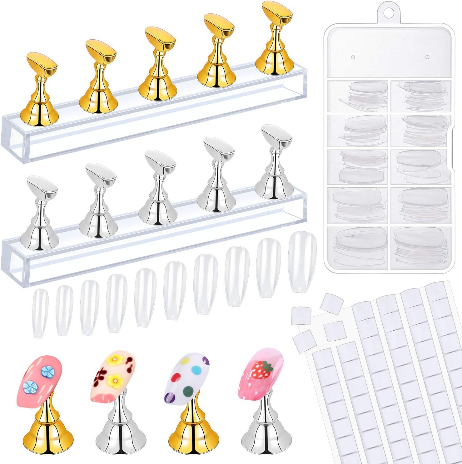 2 Sets Acrylic Nail Art Holder Magnetic Practice Display Stand with 96Pcs White Reusable Adhesive Putty and 100Pcs Acrylic Coffin Fake Nail Tips for Nail Art Salon DIY and Practice Manicure