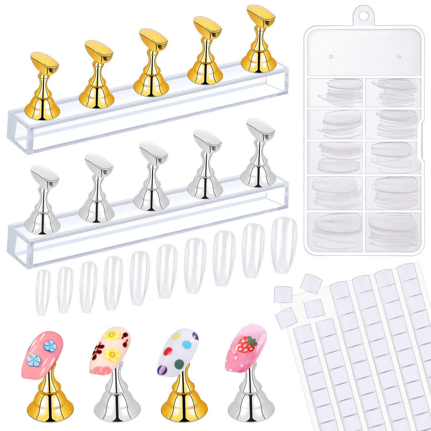 2 Sets Acrylic Nail Art Holder Magnetic Practice Display Stand with 96Pcs White Reusable Adhesive Putty and 100Pcs Acrylic Coffin Fake Nail Tips for Nail Art Salon DIY and Practice Manicure