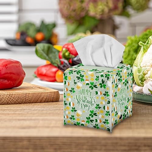 Miniatura 4 de Cubierta cuadrada para caja de pañuelos, decoración del día de San Patricio para el hogar, soporte de caja de pañuelos de cuero, organizador de