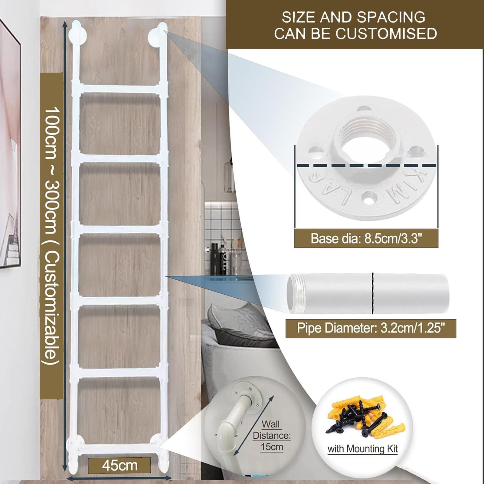 Escalera metálica Antideslizante Blanca de Hierro Forjado para Cama Alta Doble, 100-300 cm, Escalera de Emergencia para Subir a la Pared, para Camas Altas, terrazas, caravanas y Apartamentos
