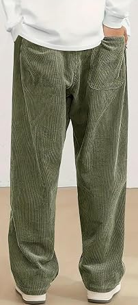 PADOLA Corduroy Trousers Men's Baggy Jogging Bottoms Elastic Waist with Drawstring Cargo Trousers Knitted Work Trousers with Pockets Casual Hip Hop Y2K Trousers Wide Leg Long Training Trousers