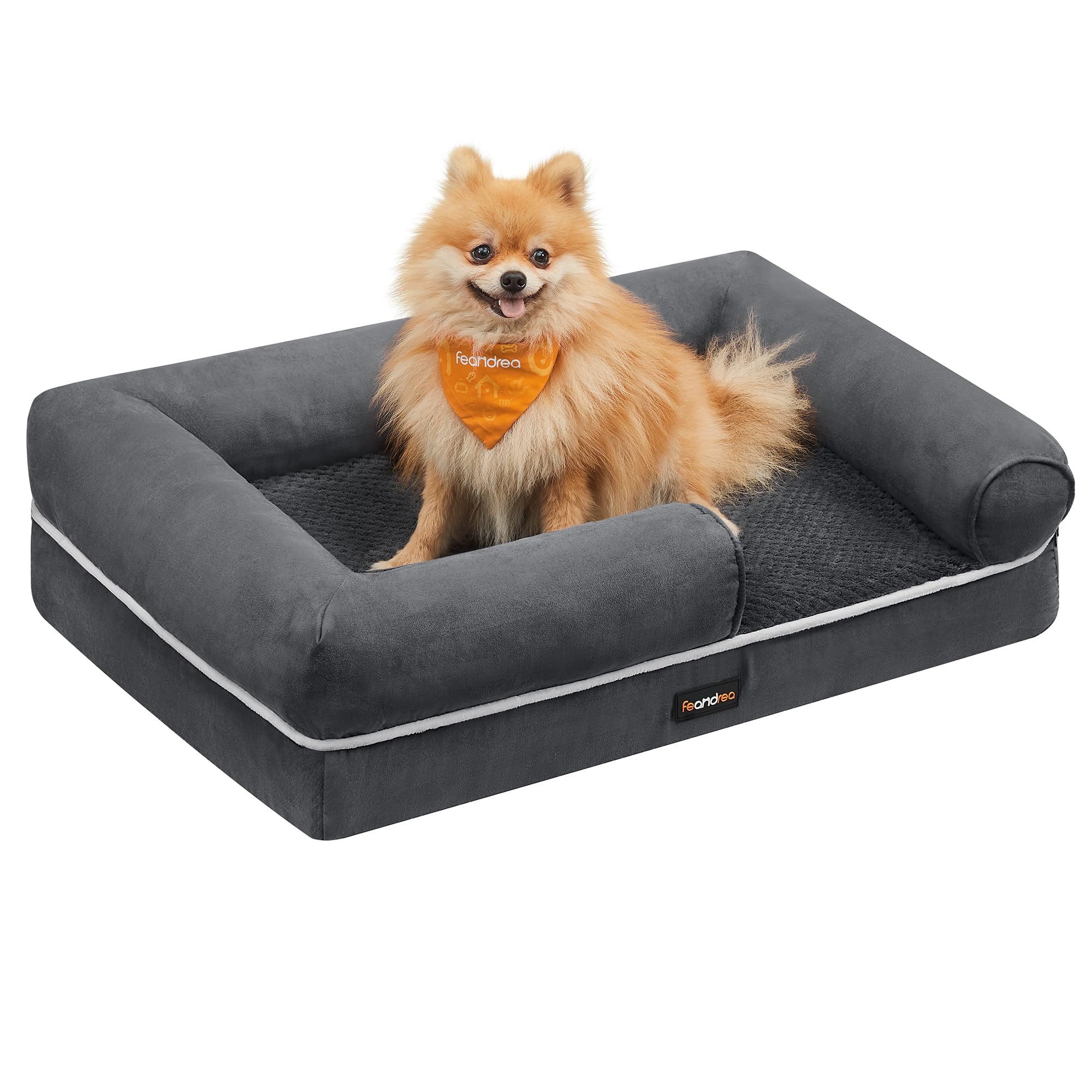 Feandrea Cuccia per Cani Ortopedica, Letto Divano per Animali, Imbottitura Morbida, Bordi Rialzati, Copertura Sfoderabile e Lavabile, 76 x 51 x 18 cm, Fondo Antiscivolo, Grigio Scuro PGW074G01