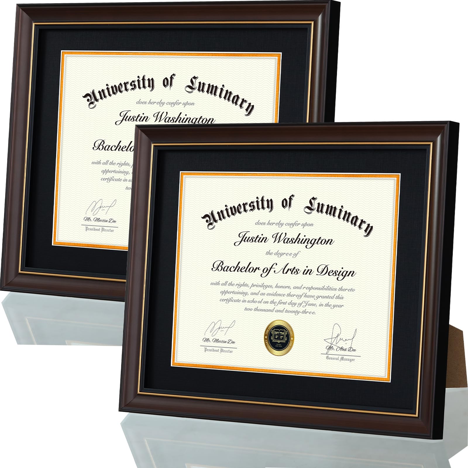 11x14 Wood Diploma Frame with 8.5 x 11 Opening Black Mat for College Degree Certificate Document, Walnut Color Wooden Frame with Tempered Glass Panel for Wall or Tabletop Display(2 Pack)
