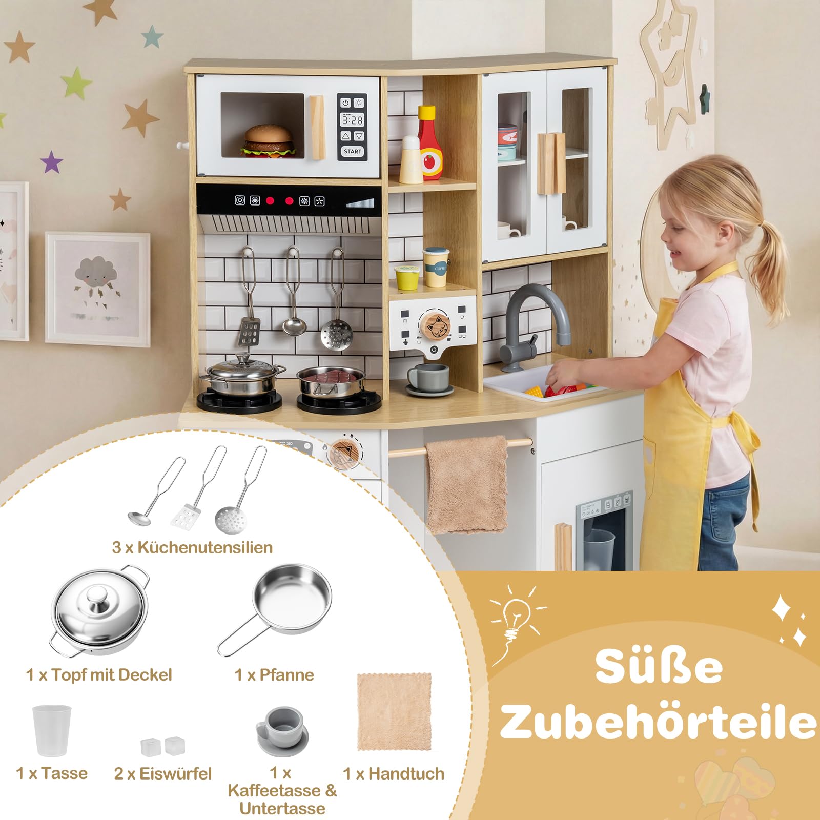 COSTWAY Kuchnia dziecięca z 10-częściowym wyposażeniem, drewniana kuchnia do zabawy ze światłem i dźwiękiem, kuchnia drewniana w zestawie kuchenka, zlewozmywak, ekspres do lodów, ekspres do kawy