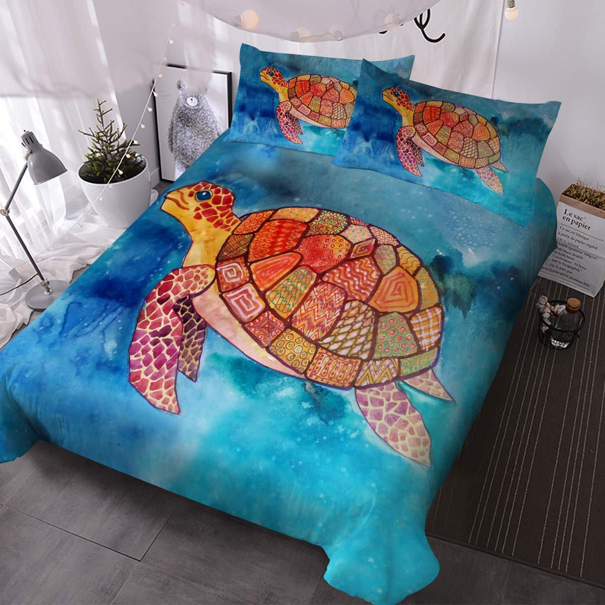 Blessliving Boys Flower-Shelled Turtle Duvet Cover Set Turtle 3 Piece Tropical Quilt Cover And Pillow Shams Single Size Bedding Set Blue Bedspread For Kids Teen Girls