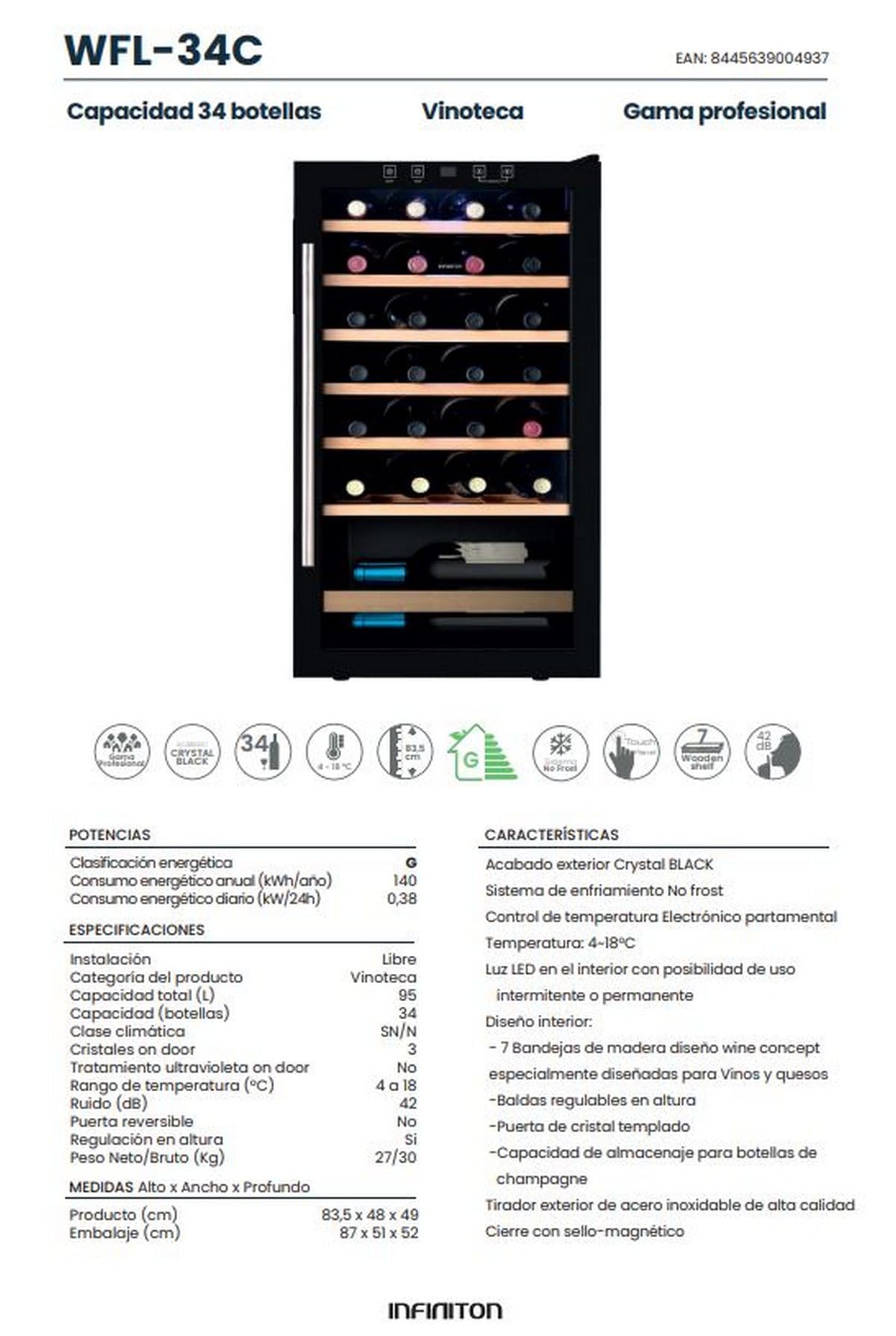 INFINITON Vinoteca WFL-34C, 34 Botellas, Luz LED en el interior, Sistema de enfriamiento No frost, Acabado exterior Crystal BLACK, Tirador exterior de acero inoxidable, G