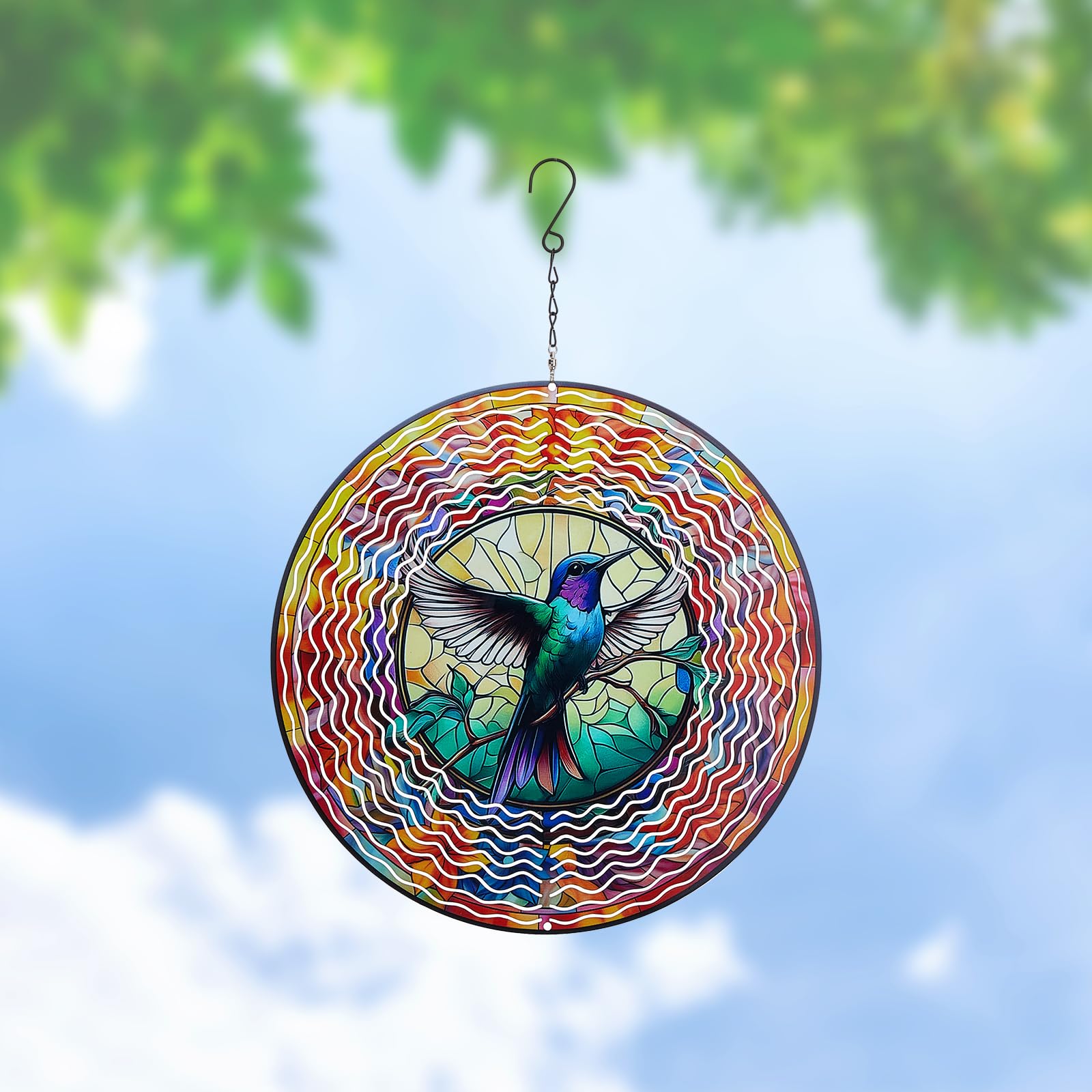 SUPERDANT Hummingbird Wind Spinners Flower 3D Stainless Steel Hanging Wind Spinner Kinetic Sculpture Art Garden Outdoor Indoor Decorations Christmas Ornament Gifts for Women Mom Grandma 30cm/12in