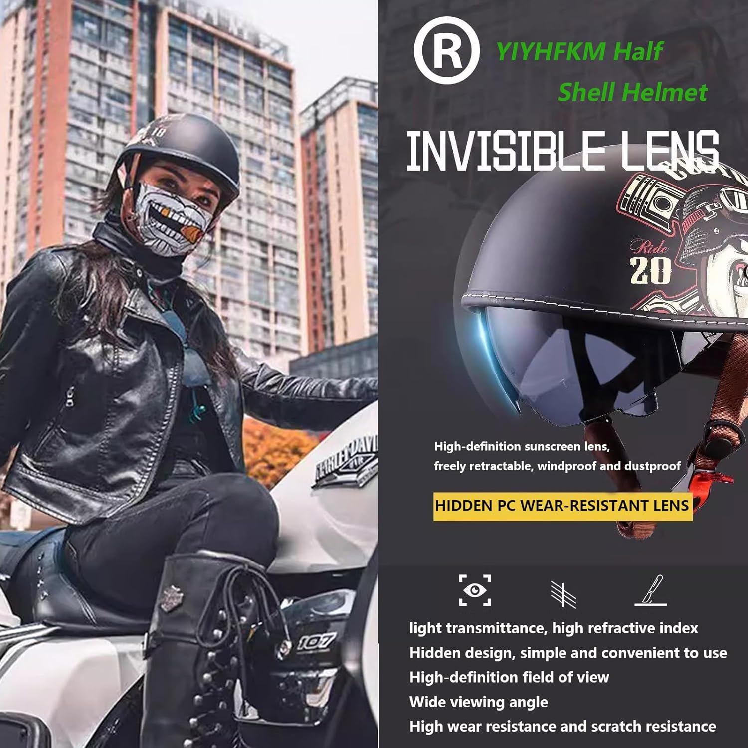 Retro Novelty Cool Half Helmets Vintage German Baseball Cap Motorcycle Open Face Helmet for Adult Women Men,for Bike Cruiser Chopper Moped Scooter with UV Visor Goggles DOT Approved (55-63CM)