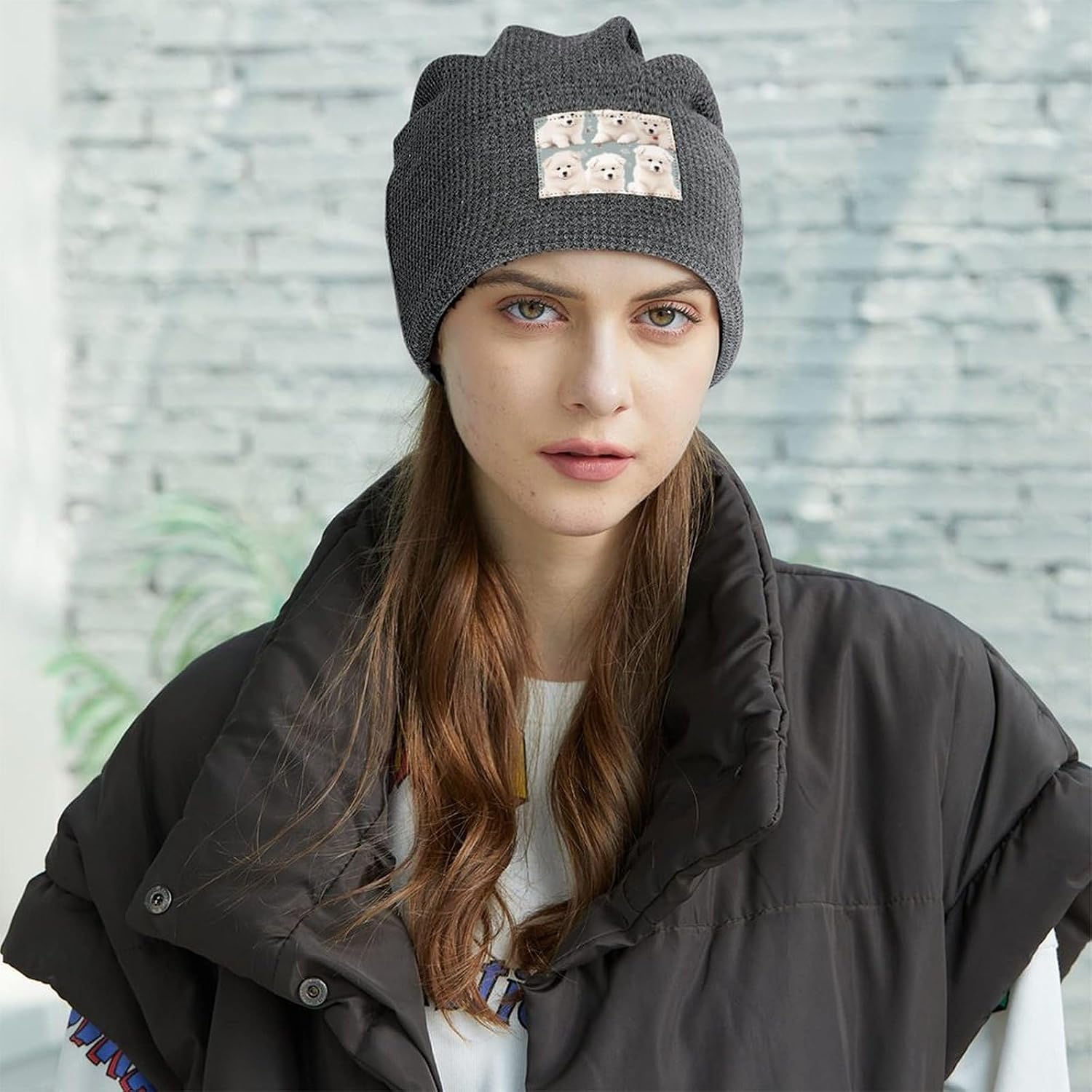 Stylish Little White Dogs Pattern Printed Winter Pullover Hats for Men and Women Combine Warmth and Style