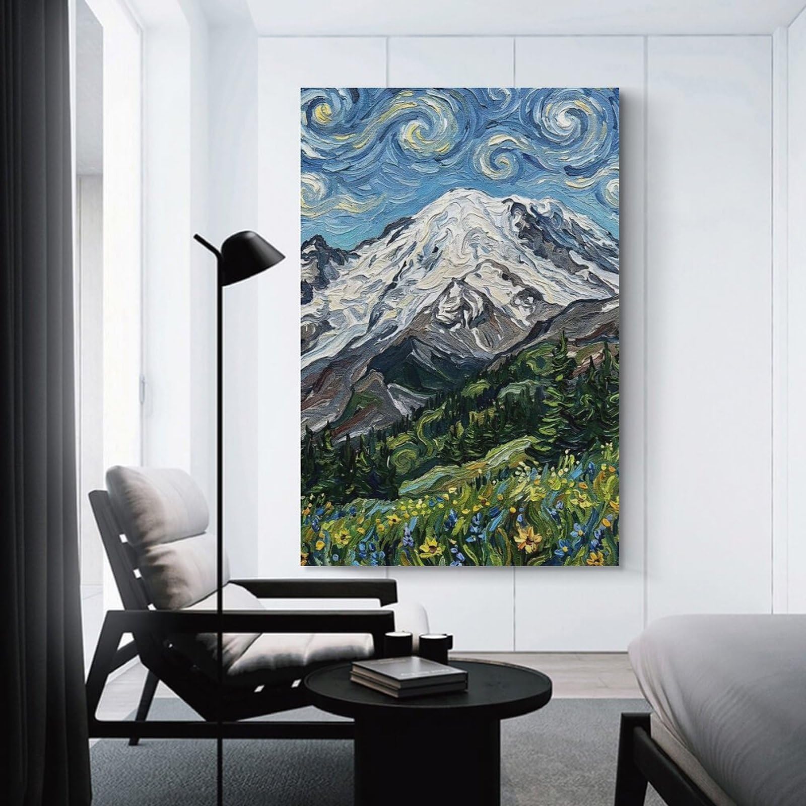 Junmoney Mount Rainier Impressionist Landscape Painting Decorative Canvas Print 24x36inch(60x90cm), for Apartment Walls, Studios Or Work Areas, Home Artwork for Modern Interiors