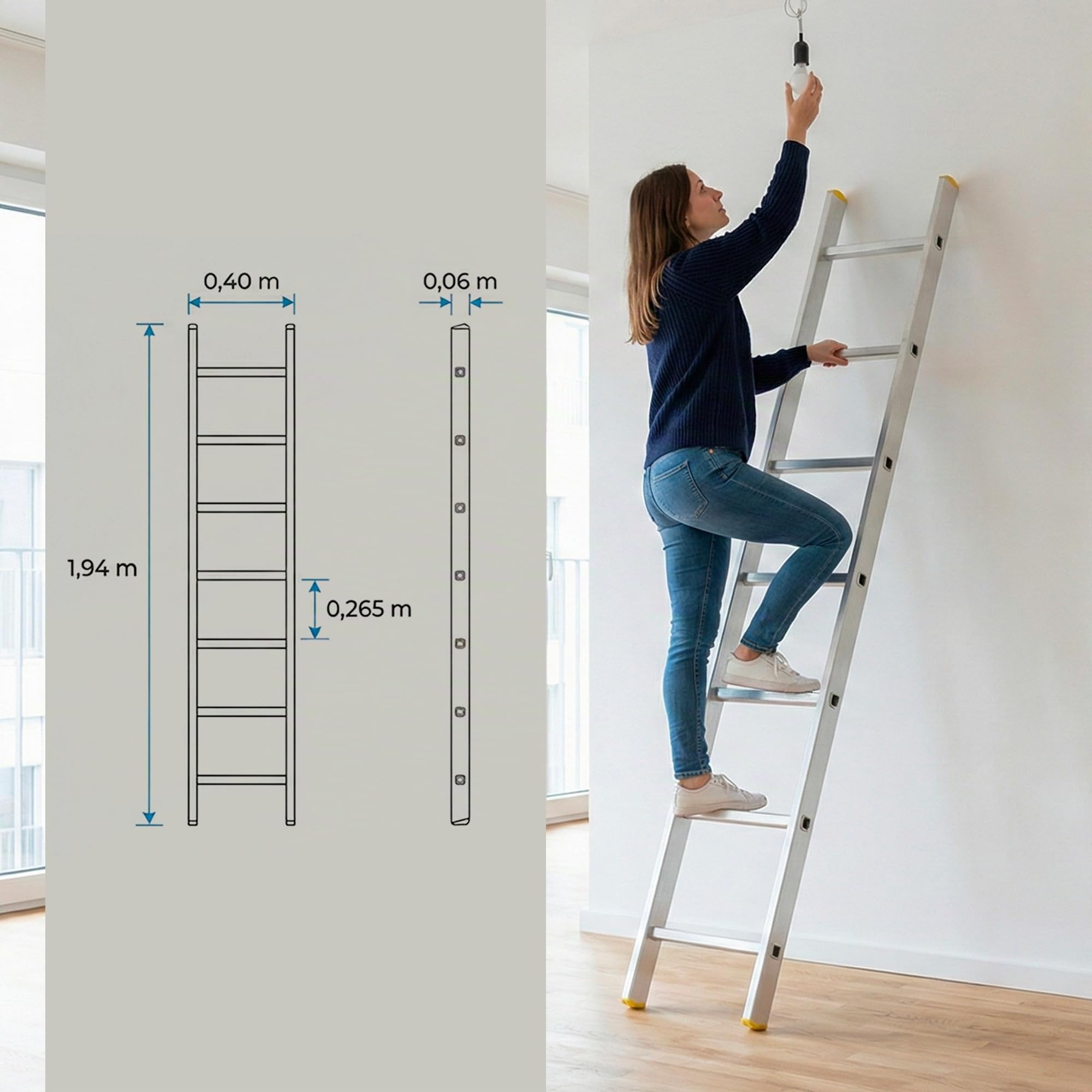 HOSTRÖM Echelle Simple StablePro 7 marches en Aluminium, légère et Durable, Hauteur de Travail maximale 2,95m, Garantie 5 Ans, Charge maximale 150kg