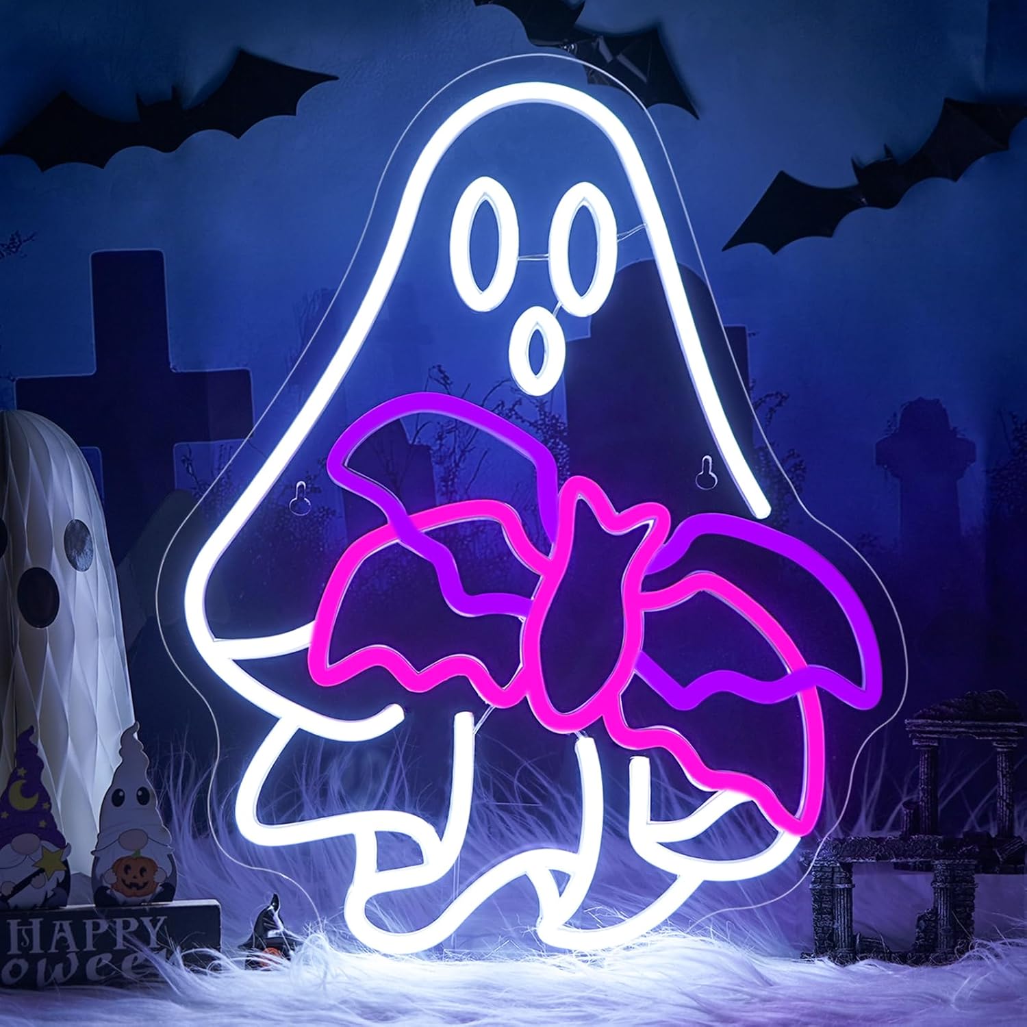 WLHOPE Ghost Bat Neon Sign Dimmale Neon Lights For Wall Decor Led Lights For Halloween Bar Man Cave Club Party Bedroom Game Room Decor Gifts USB Powered 12.6x15.74in